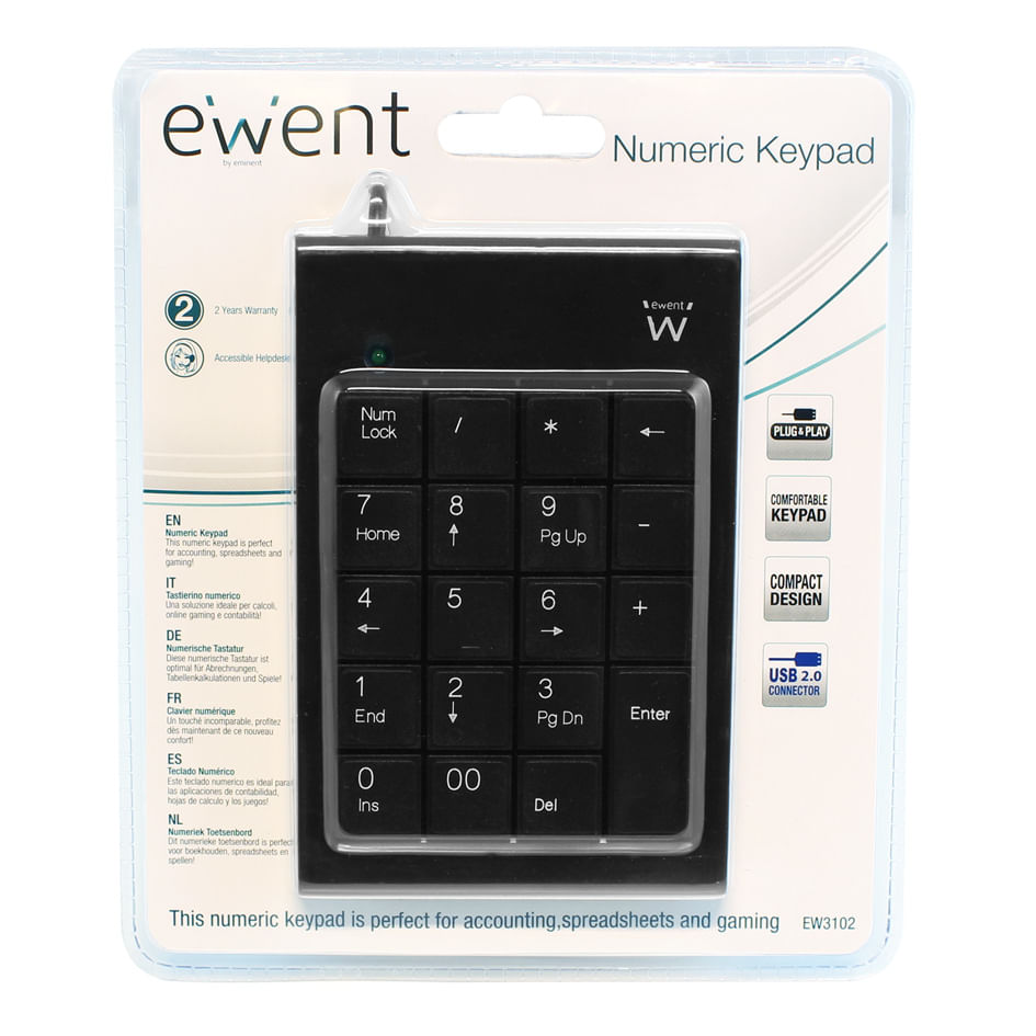 Teclado numérico negro Ewent en embalaje, con conector USB 2.0.
