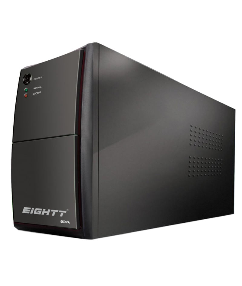 Unidad SAI negra con logo 'EIGHTT 650VA' y luces de estado en panel frontal.