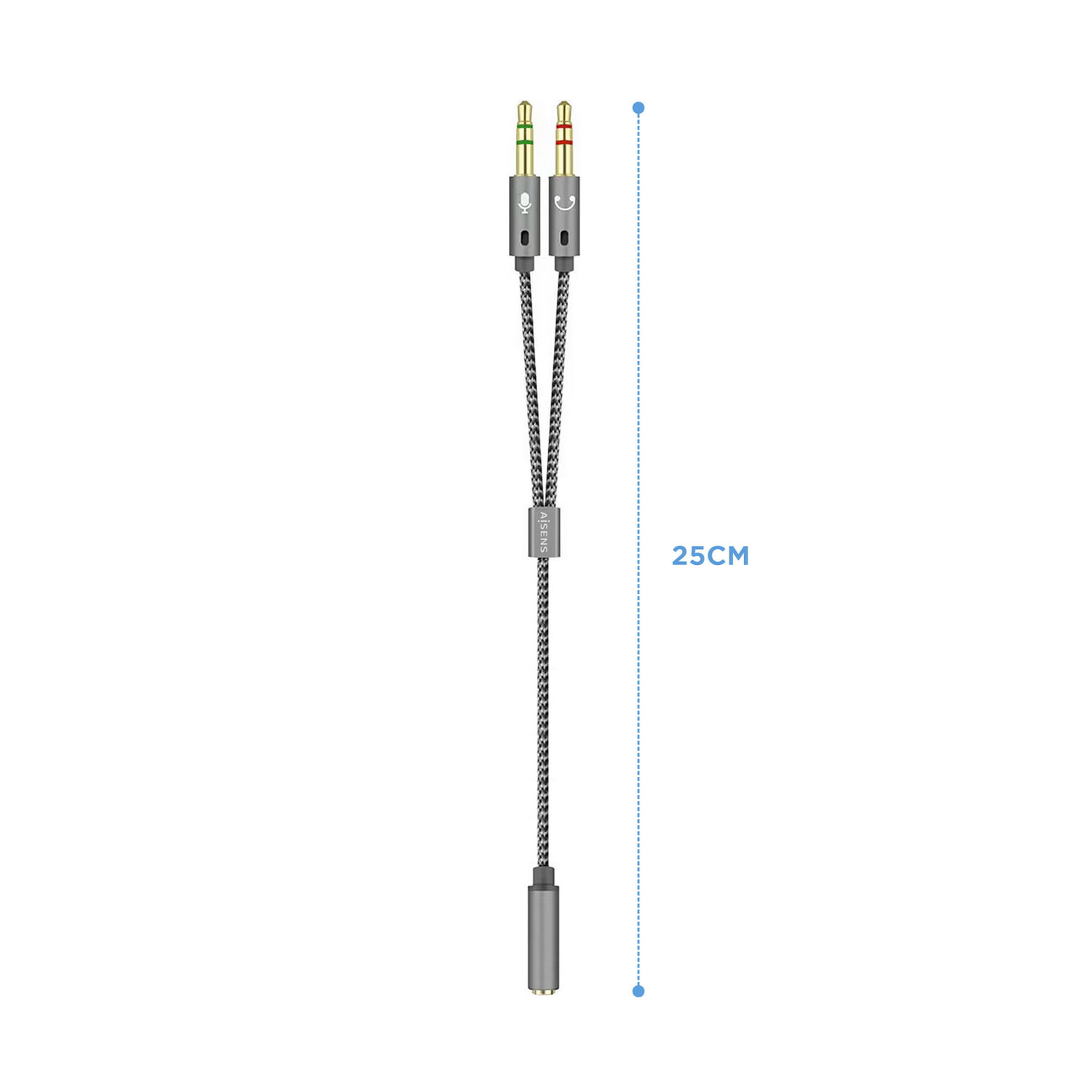 Un cavo adattatore da 25 cm con due connettori maschio da 3,5 mm e un jack femmina.