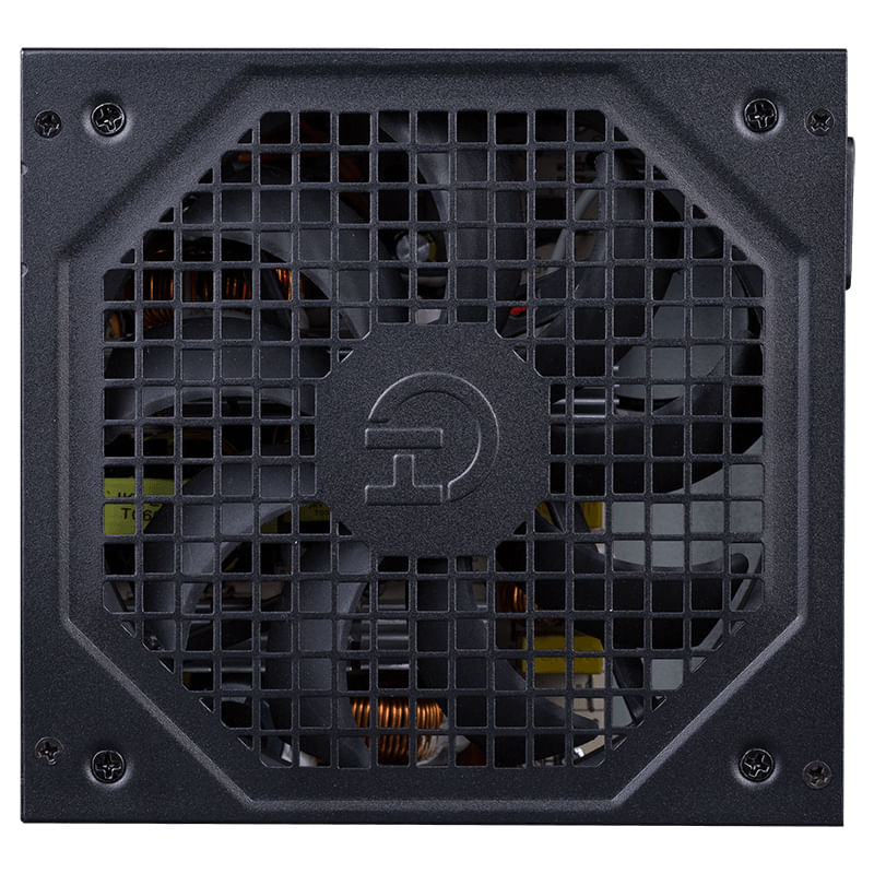 A black power supply unit with a fan grille featuring a circular logo.