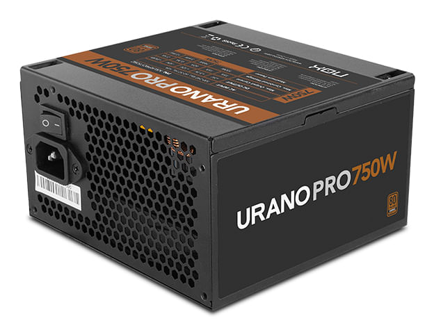 Alimentatore nero con scritta "URANO PRO 750W" e griglia di ventilazione.