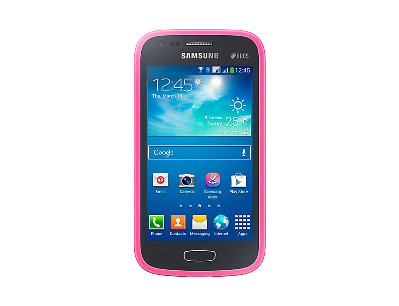 Ein pinkes Samsung Duos Smartphone zeigt Uhrzeit, Datum, Wetter und App-Symbole an.
