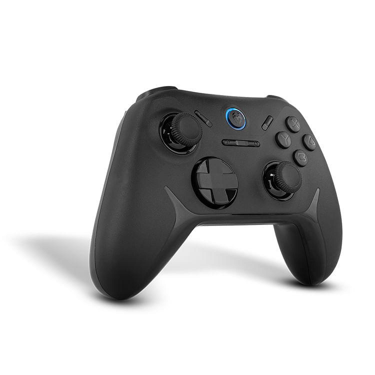 Un mando de juegos negro con dos joysticks y botones.