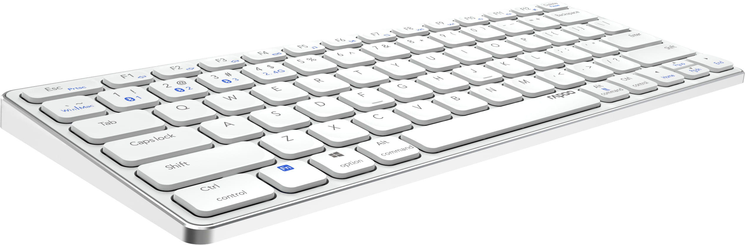 Una tastiera wireless bianca con scritte blu sui tasti.