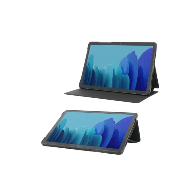 Dos tabletas grises con soporte y fondo de pantalla azul sobre fondo blanco.