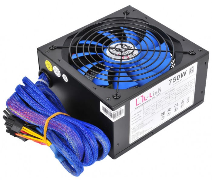 Alimentatore PC nero con ventola e cavi blu.
