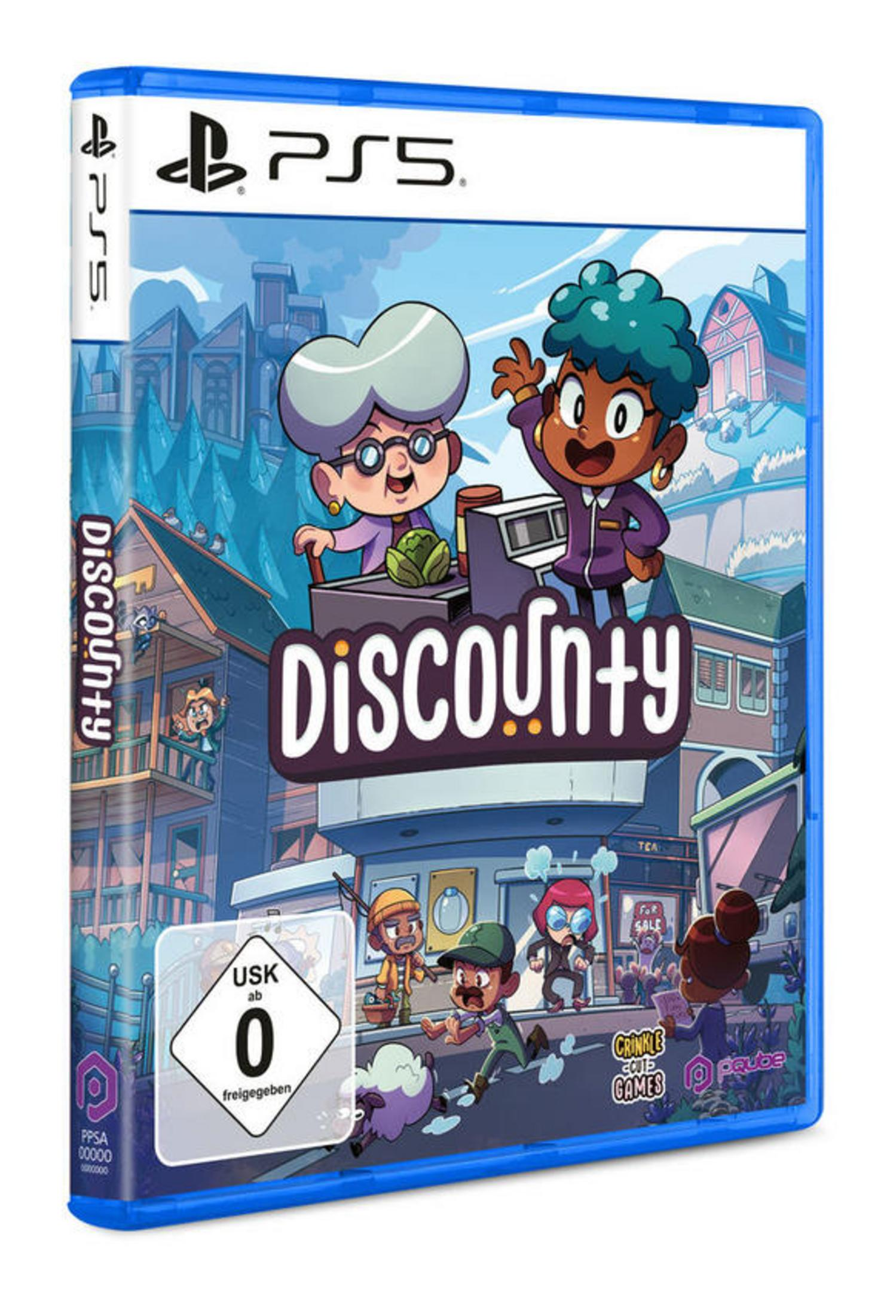 Copertina gioco PS5 Discounty con personaggi cartoni animati in un contesto cittadino, con classificazione USK.
