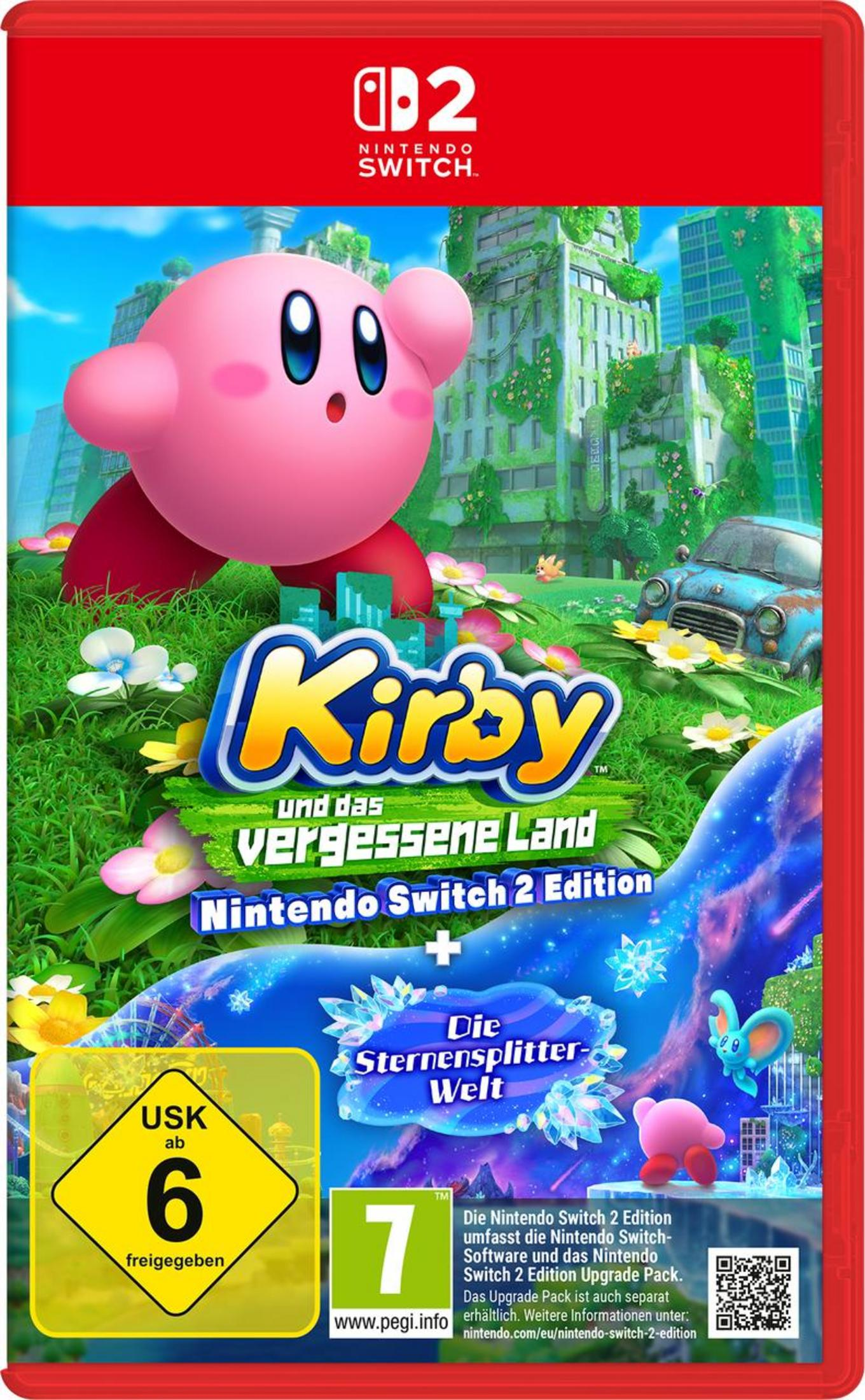 Copertina di Kirby e la Terra Dimenticata Edizione Nintendo Switch 2 con Kirby, edifici in rovina e una vecchia auto.