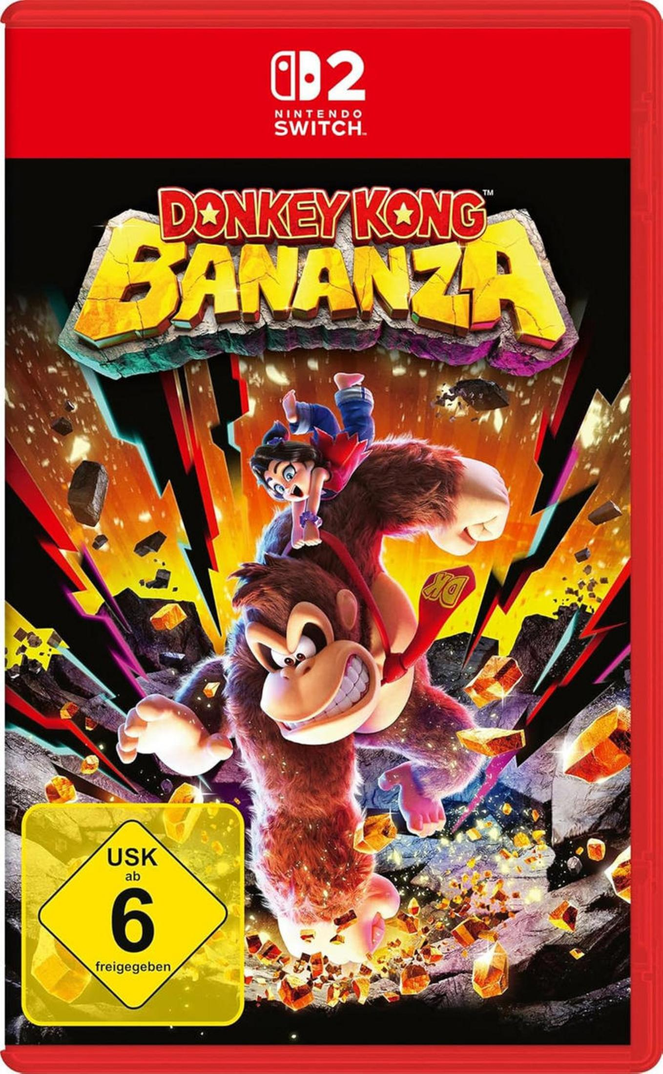 Donkey Kong porta Diddy Kong sulla schiena tra fulmini esplosivi e detriti.