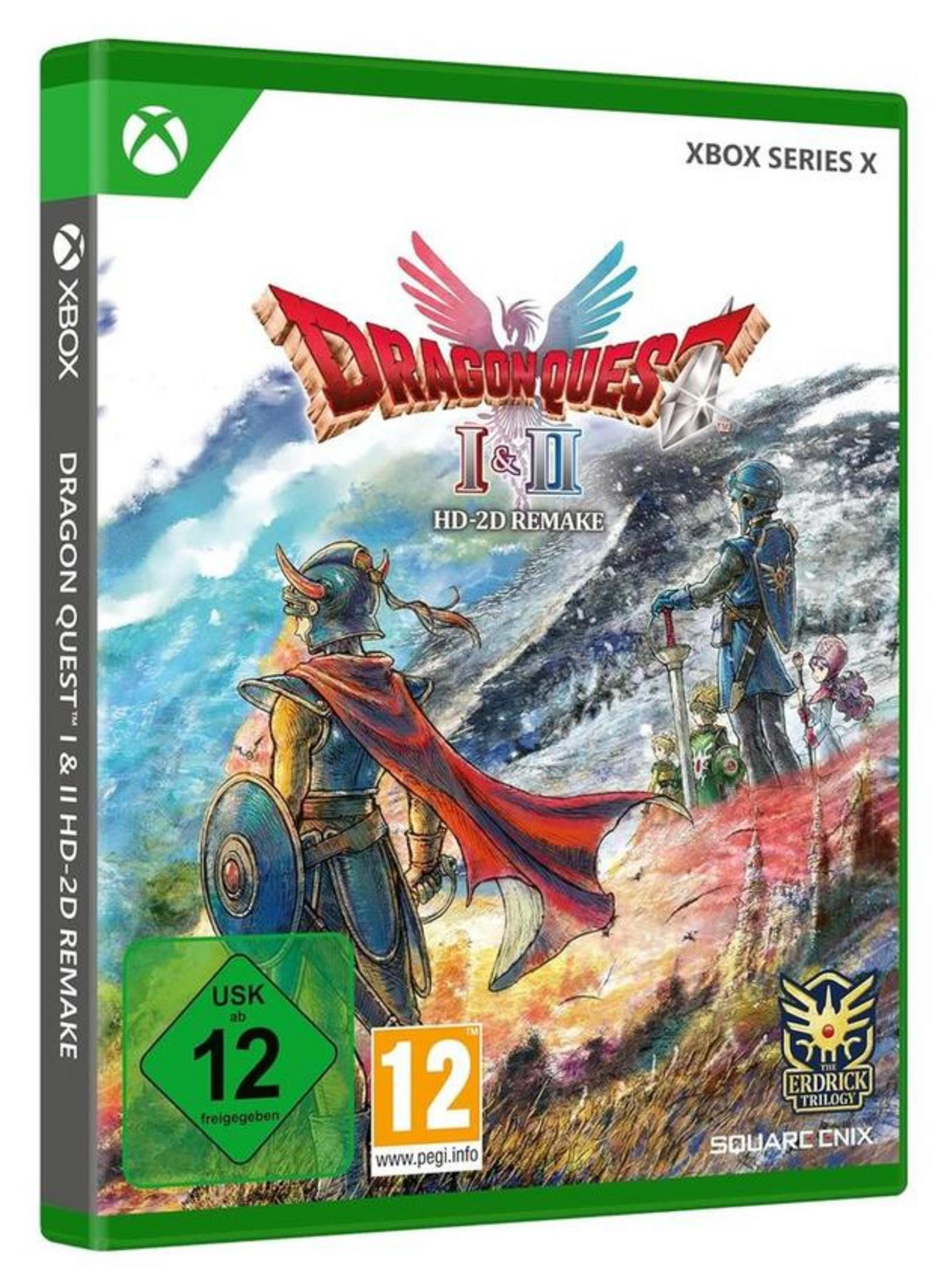 Boîtier Xbox : Dragon Quest I & II HD-2D Remake avec guerriers et créatures magiques.