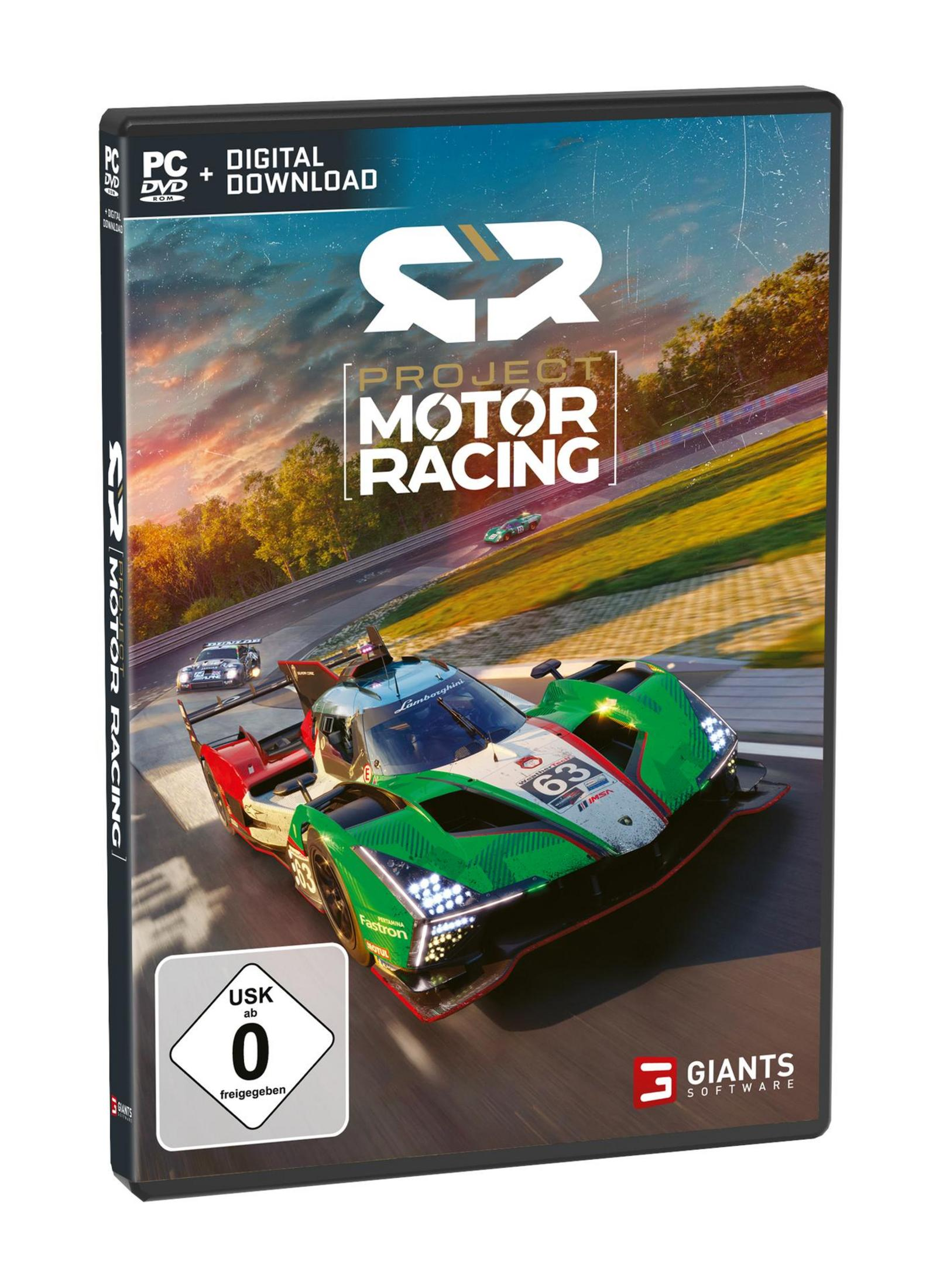 La copertina del gioco di corse "Project Motor Racing" mostra un'auto da corsa verde su una pista.