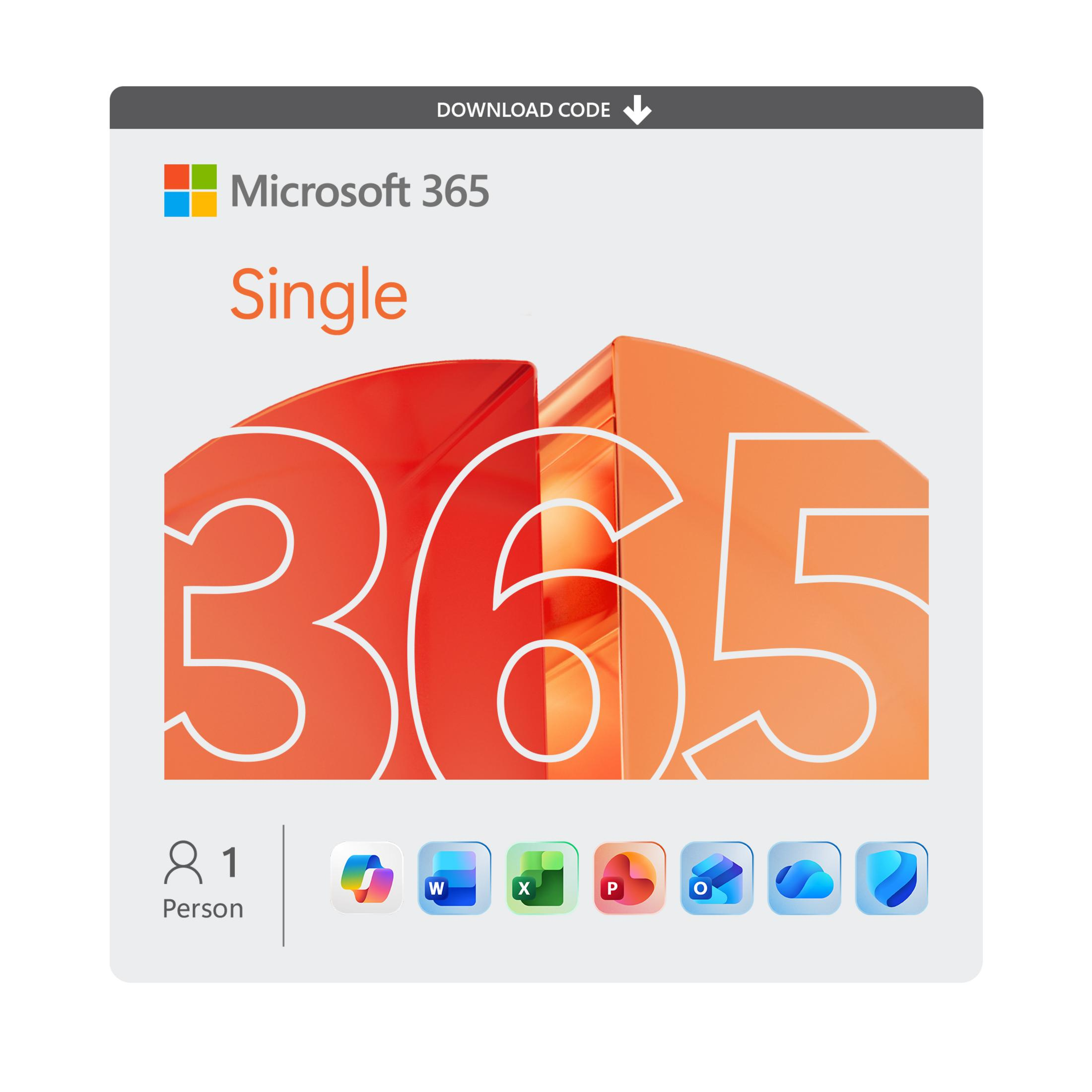 Microsoft 365 Single. Grandi numeri 365 rossi e arancioni. Icone Word, Excel, PowerPoint, ecc.
