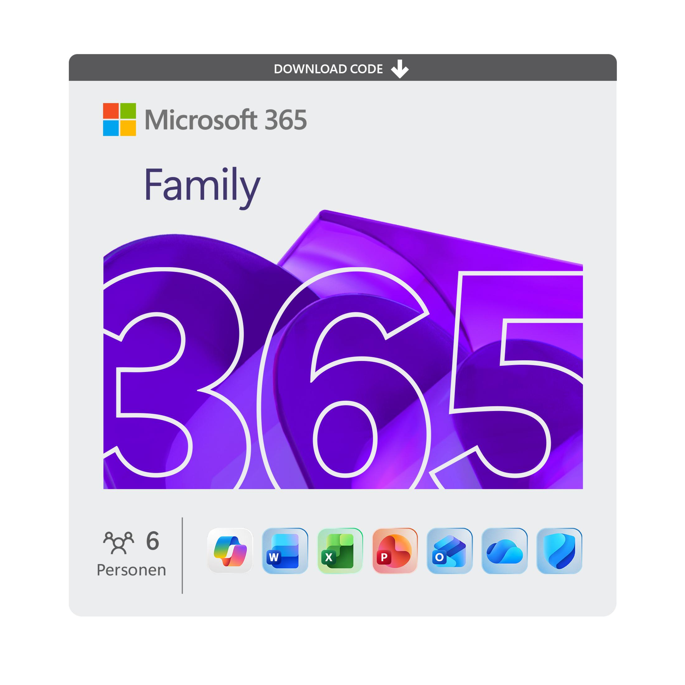 Logo Microsoft 365 Famiglia con icone di Word, Excel, PowerPoint, Outlook, Edge.