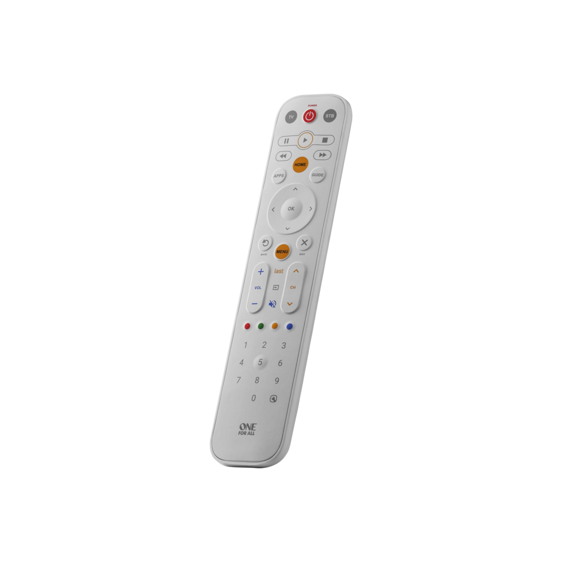 Ein weißes TV-Fernbedienung mit vielen Tasten liegt diagonal.
