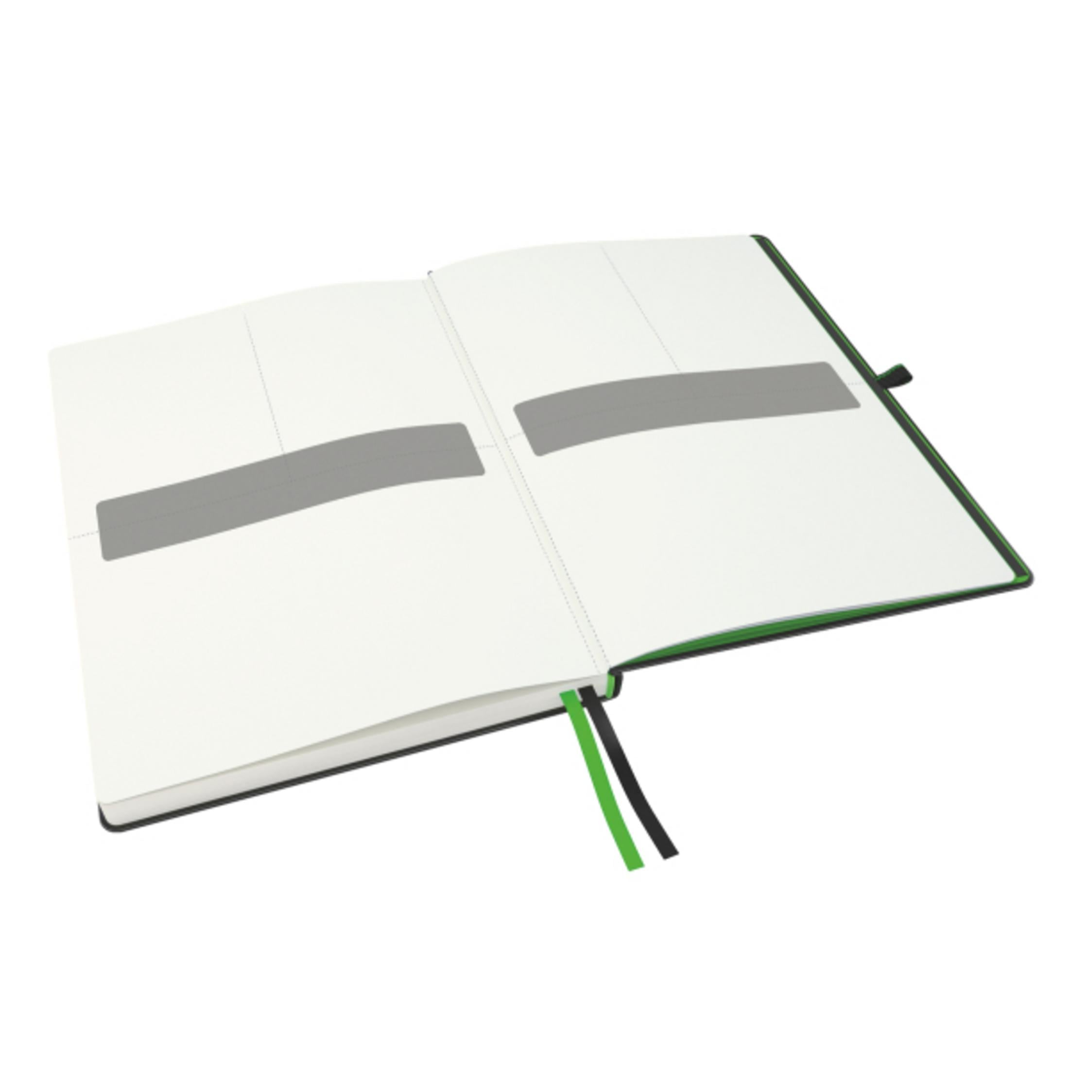 Ein aufgeschlagenes Notizbuch mit grünem Einband und grauen Markierungen auf den Seiten.