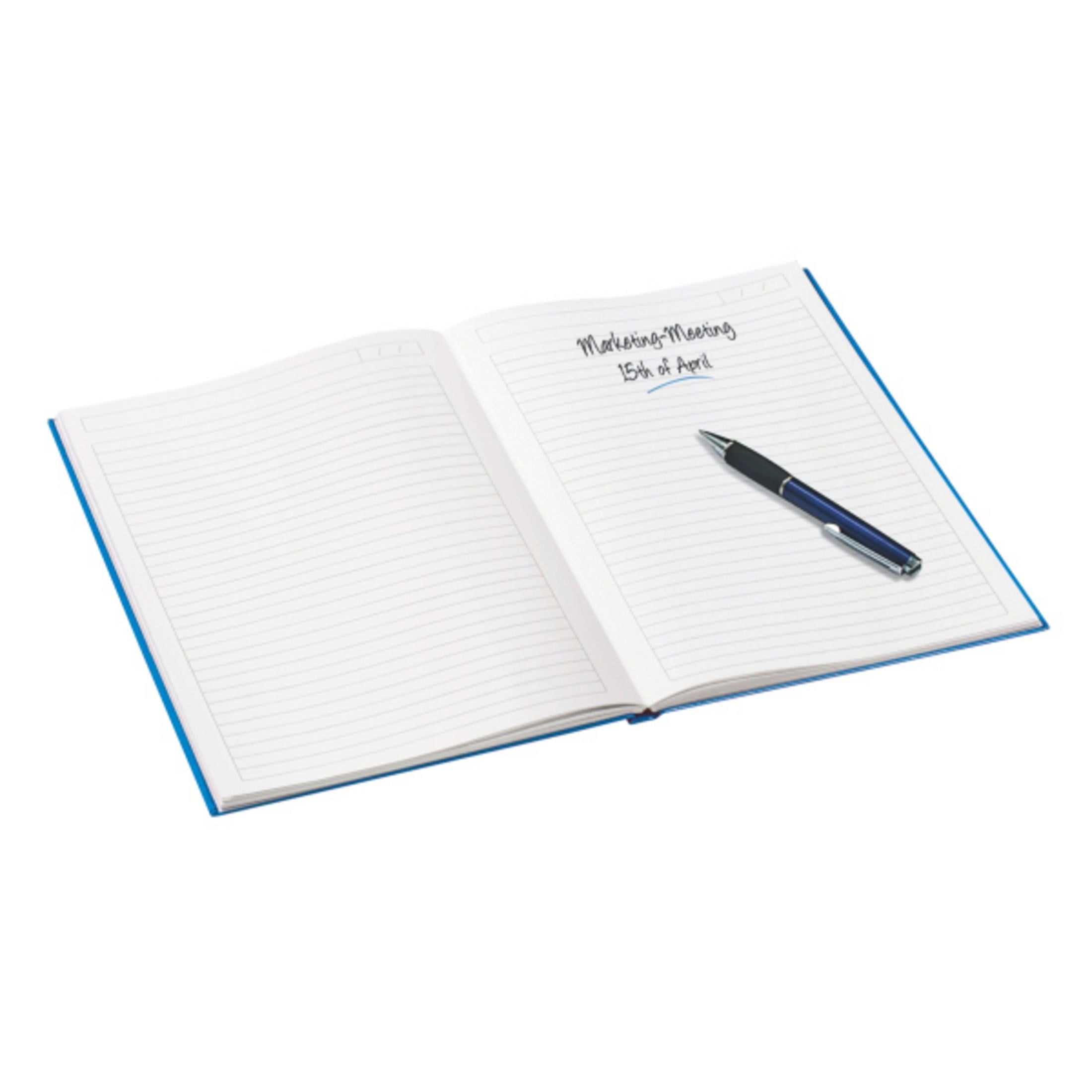 Un carnet ouvert avec des pages lignées et un stylo.