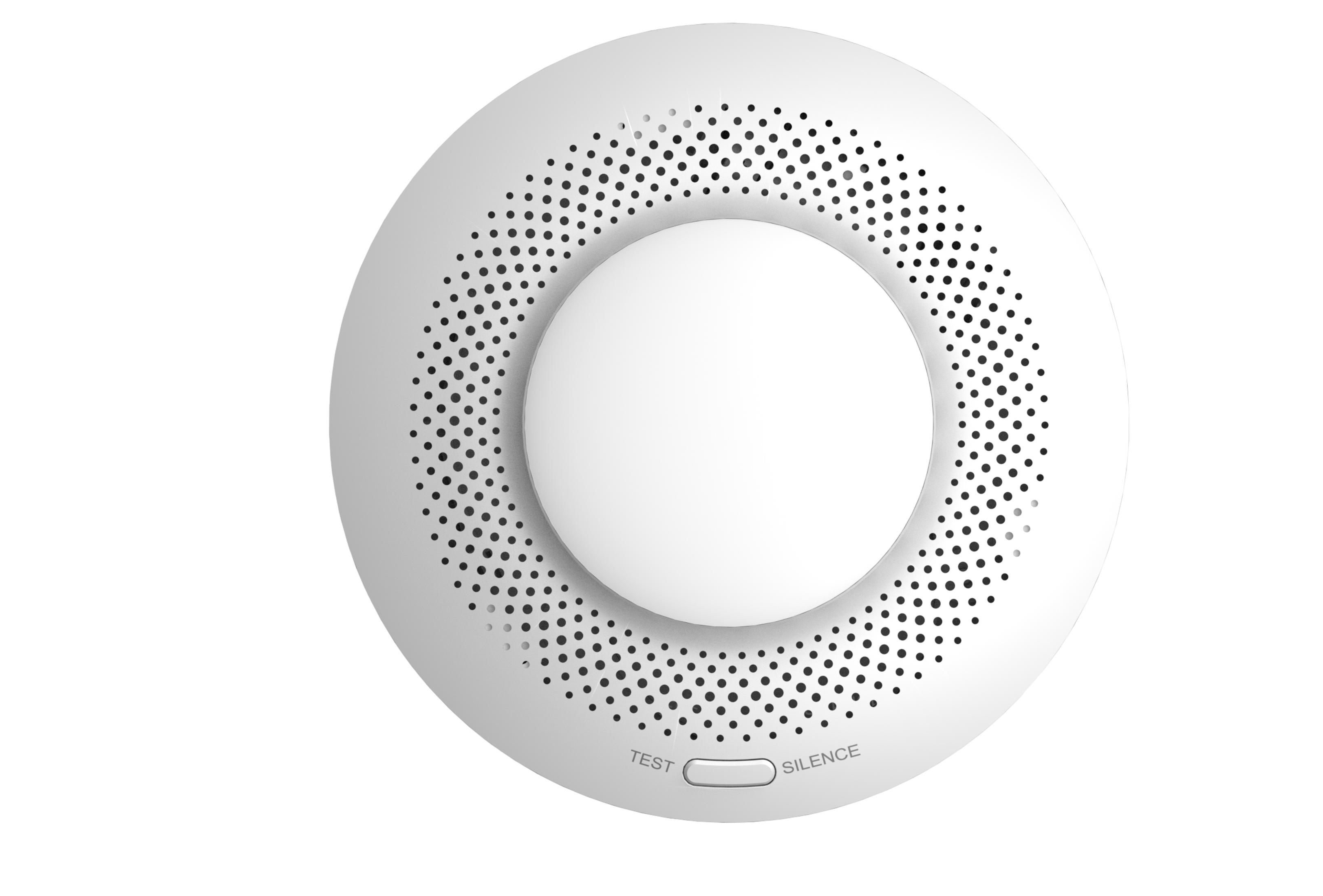 Un detector de humo blanco con botones de prueba y silencio.