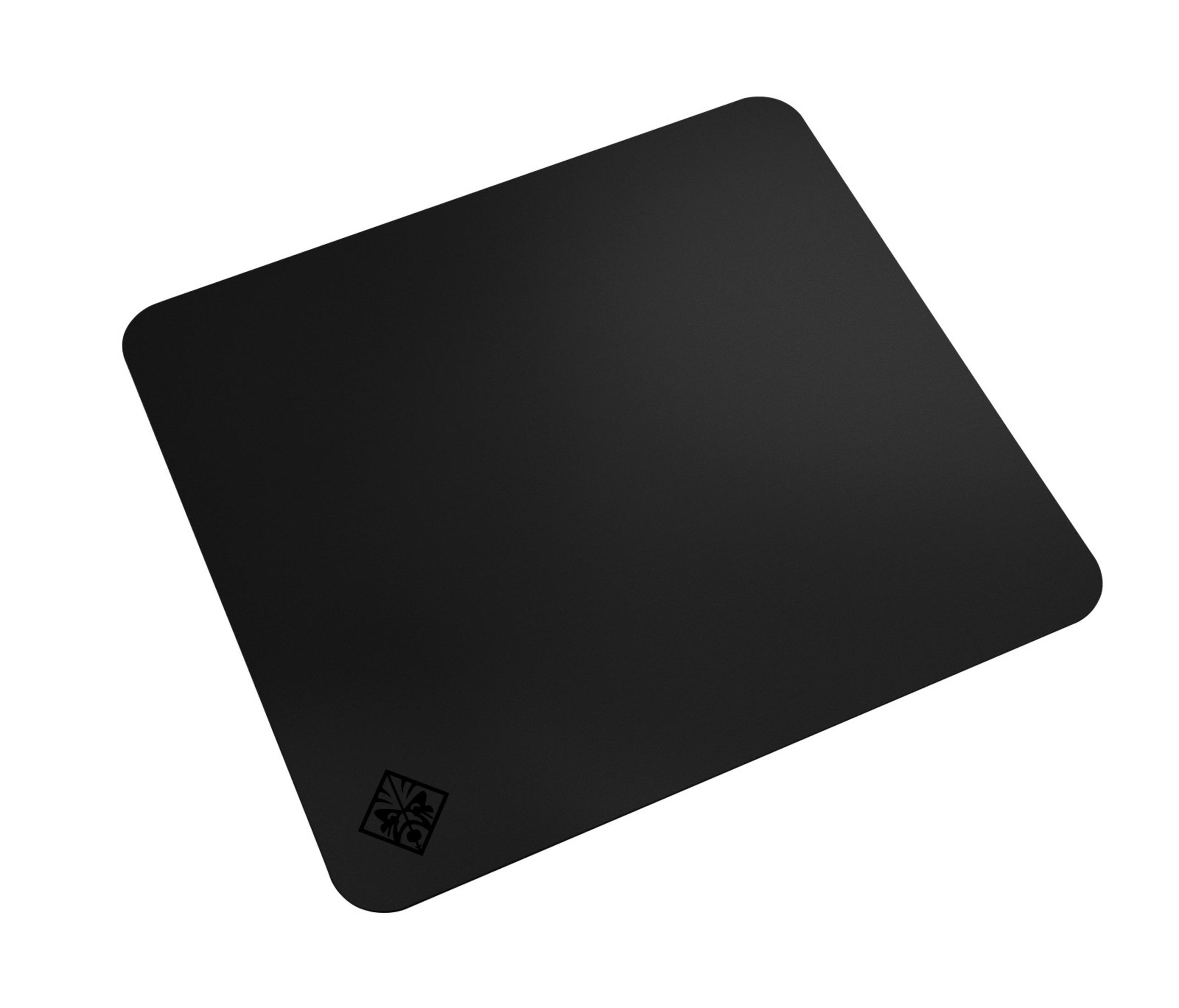 Schwarzes Mauspad mit abgerundeten Ecken und einem Logo unten links.
