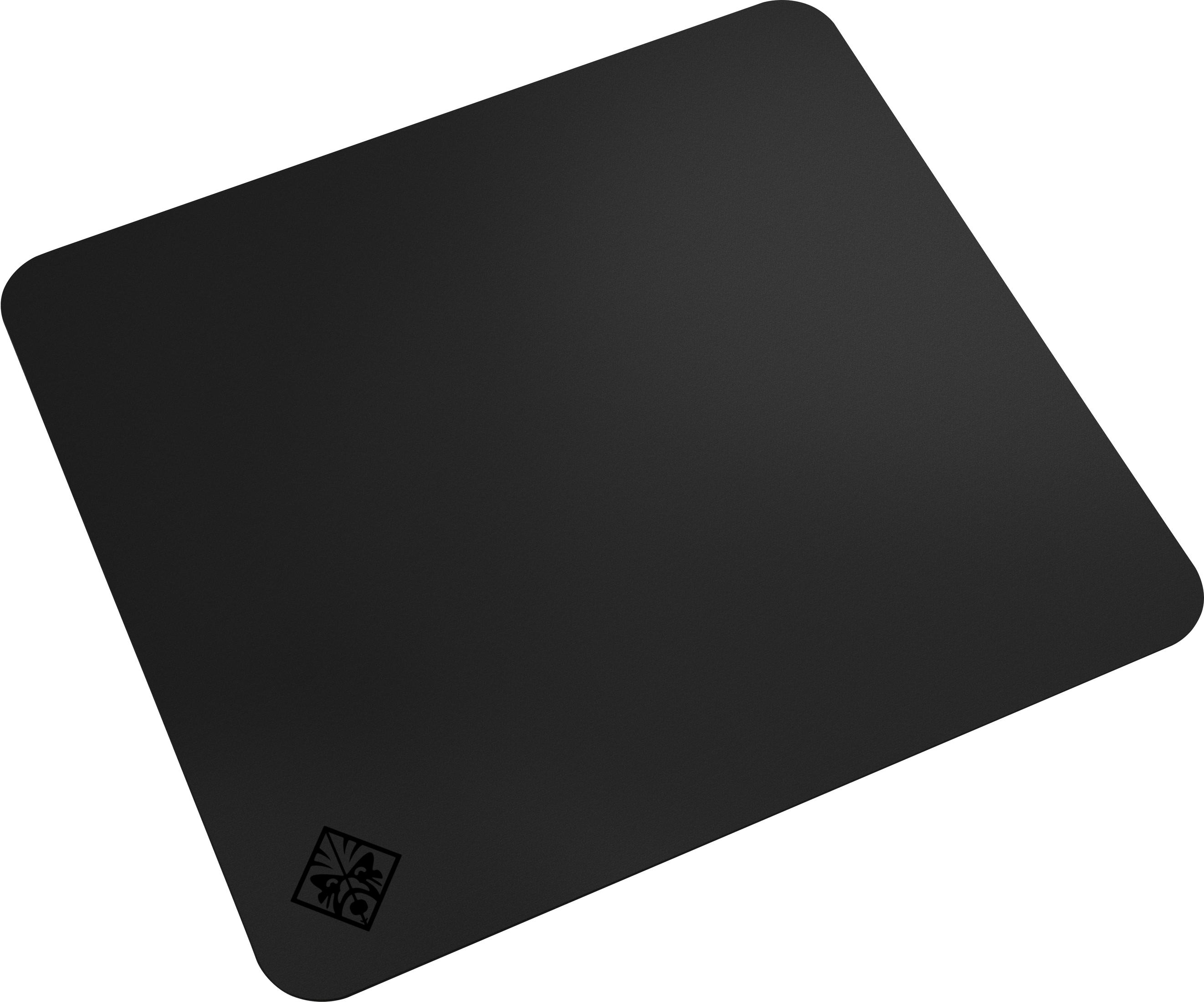 Schwarze Mauspad mit einem kleinen Logo unten links.