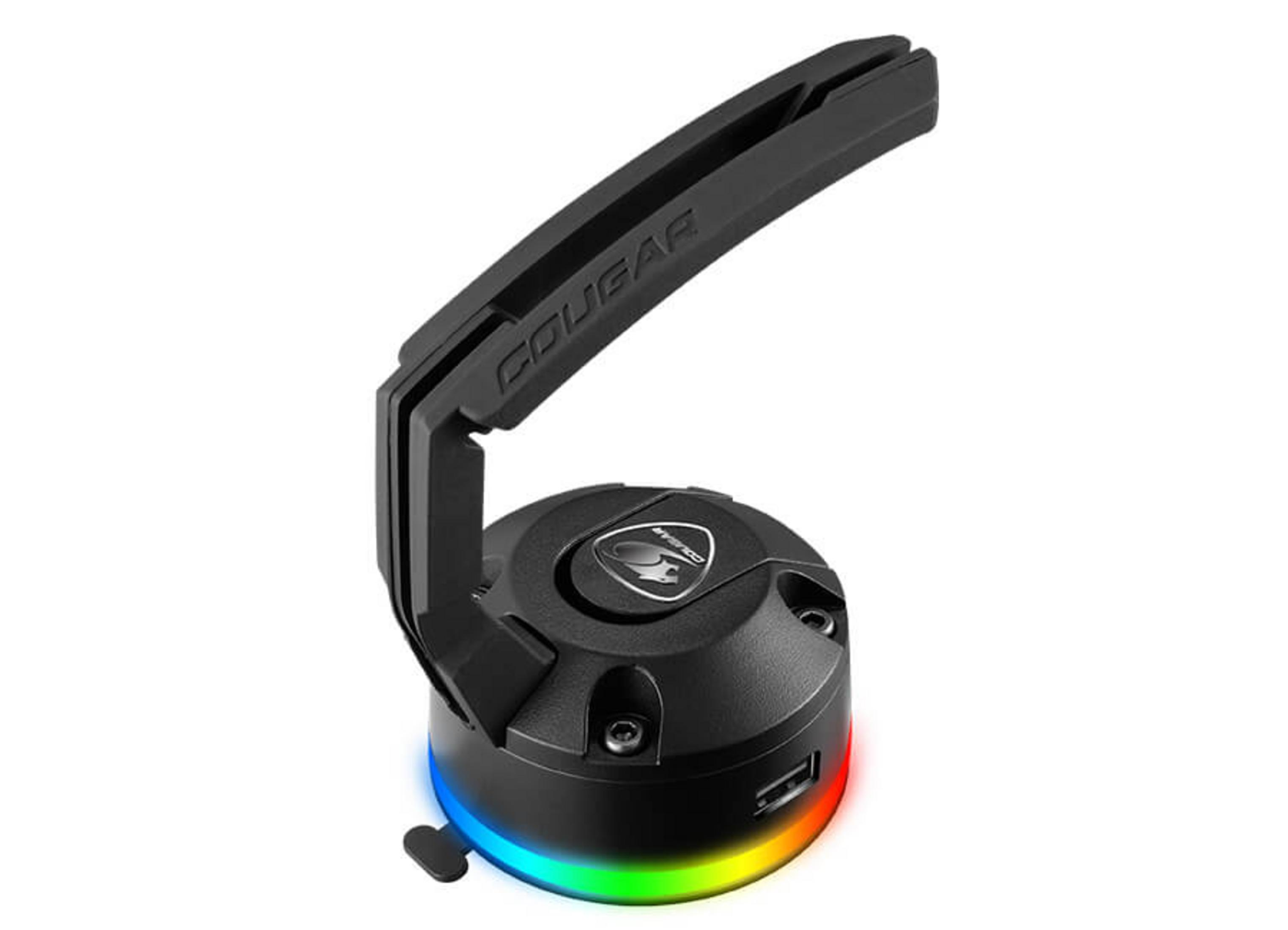 Supporto nero per mouse Cougar con illuminazione RGB alla base.