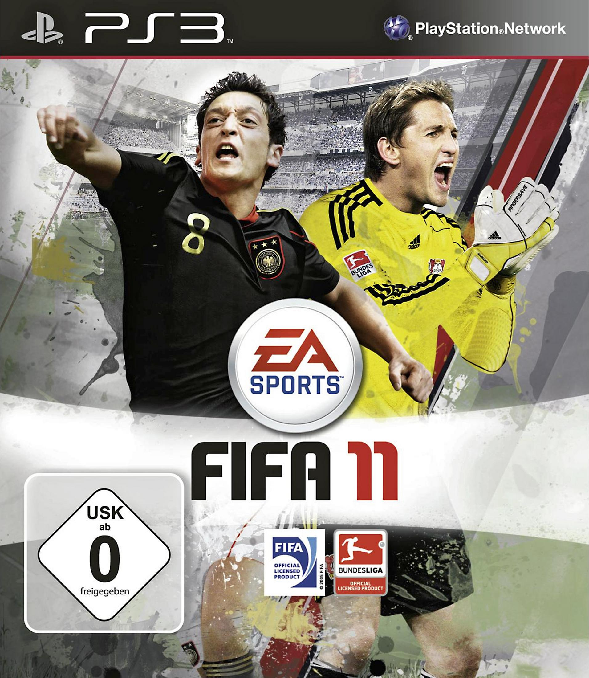 Copertina di FIFA 11 con i giocatori Mesut Ozil e Manuel Neuer, logo PS3 e sigillo USK.