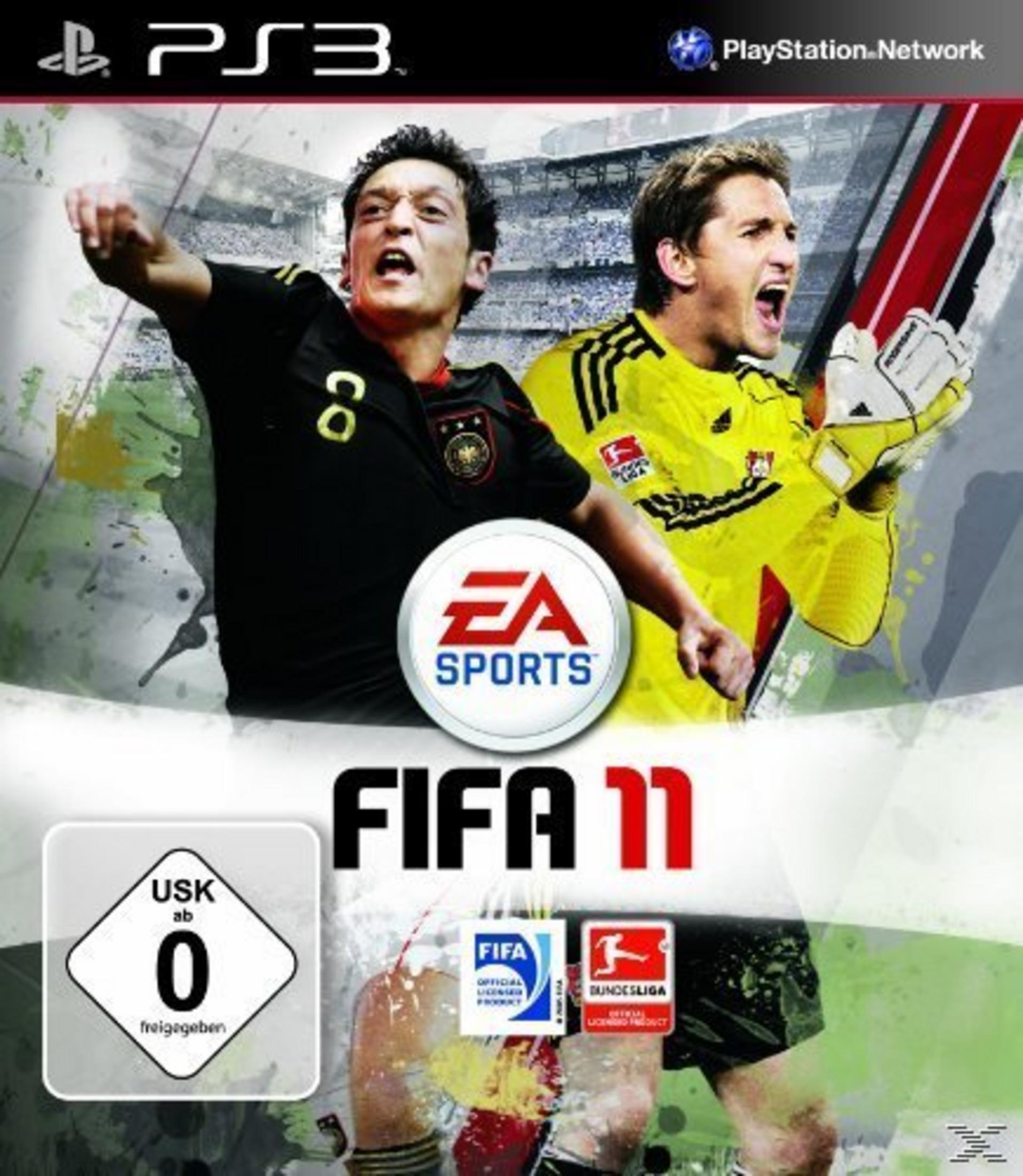 Copertina FIFA 11: Due calciatori, logo EA Sports, PS3, sigillo USK 0.