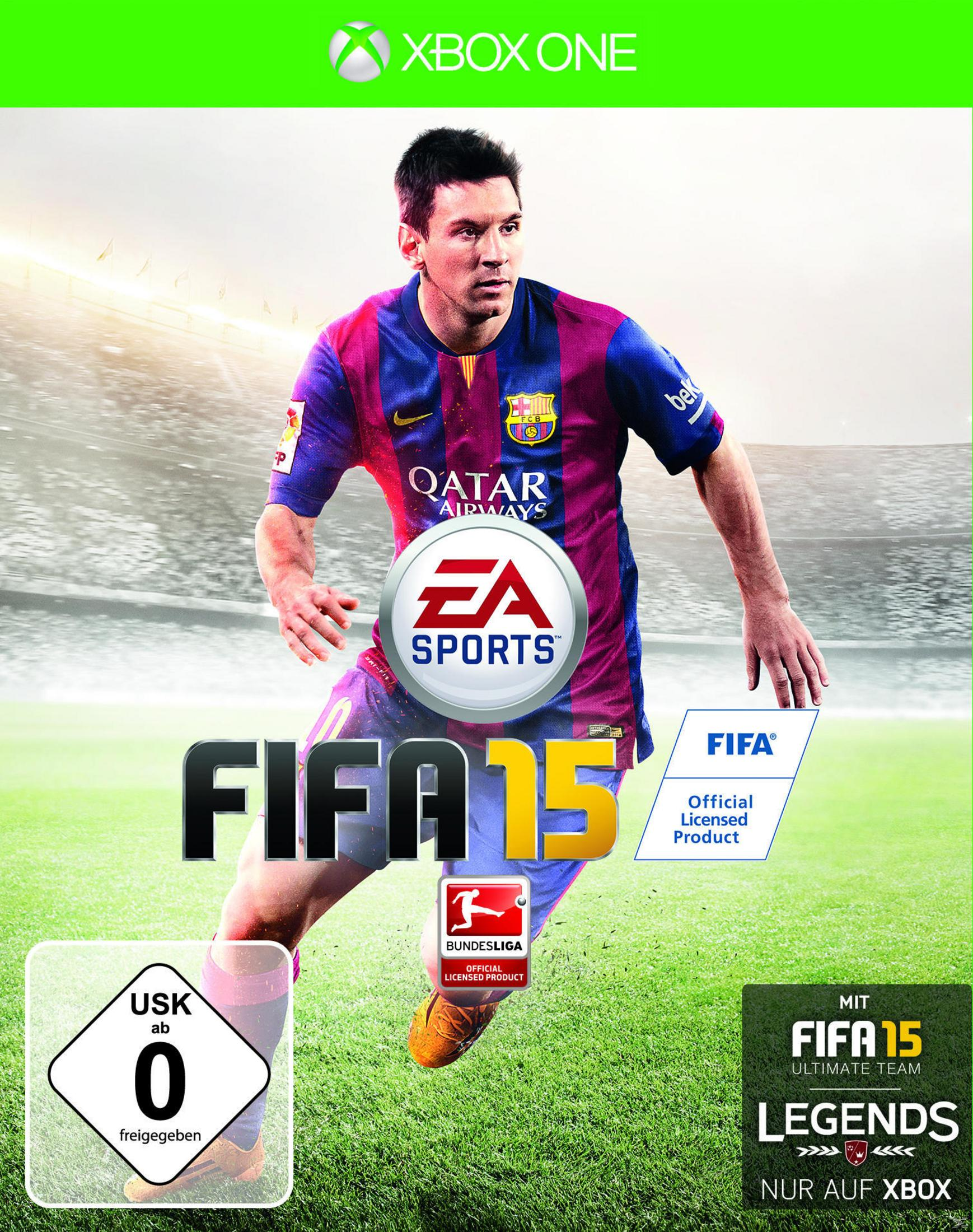 Fußballspielcover: Lionel Messi in Barcelona-Trikot, FIFA 15-Logo, Xbox One.