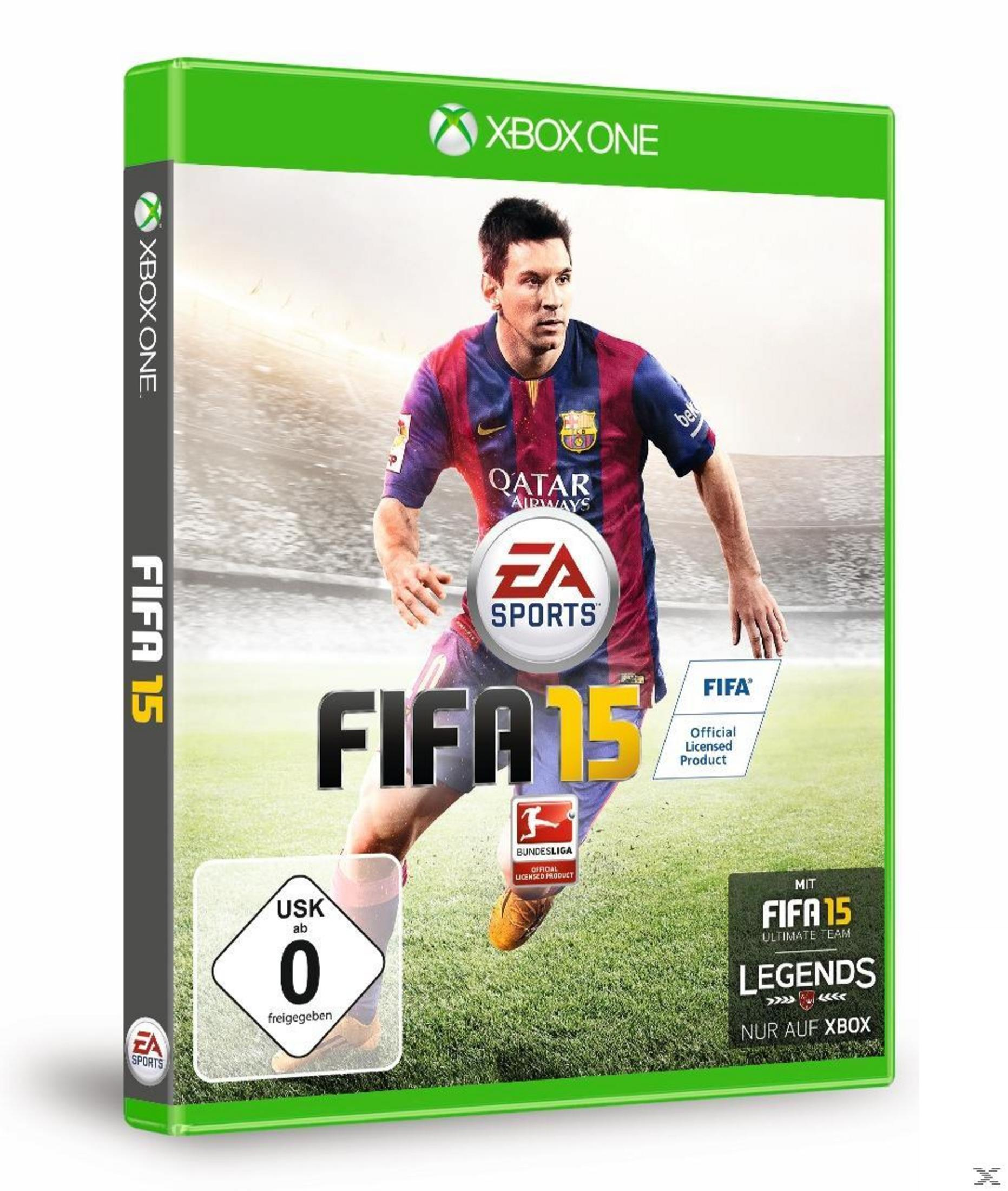 FIFA 15 Xbox One Hülle mit Lionel Messi in Aktion auf dem Spielfeld.