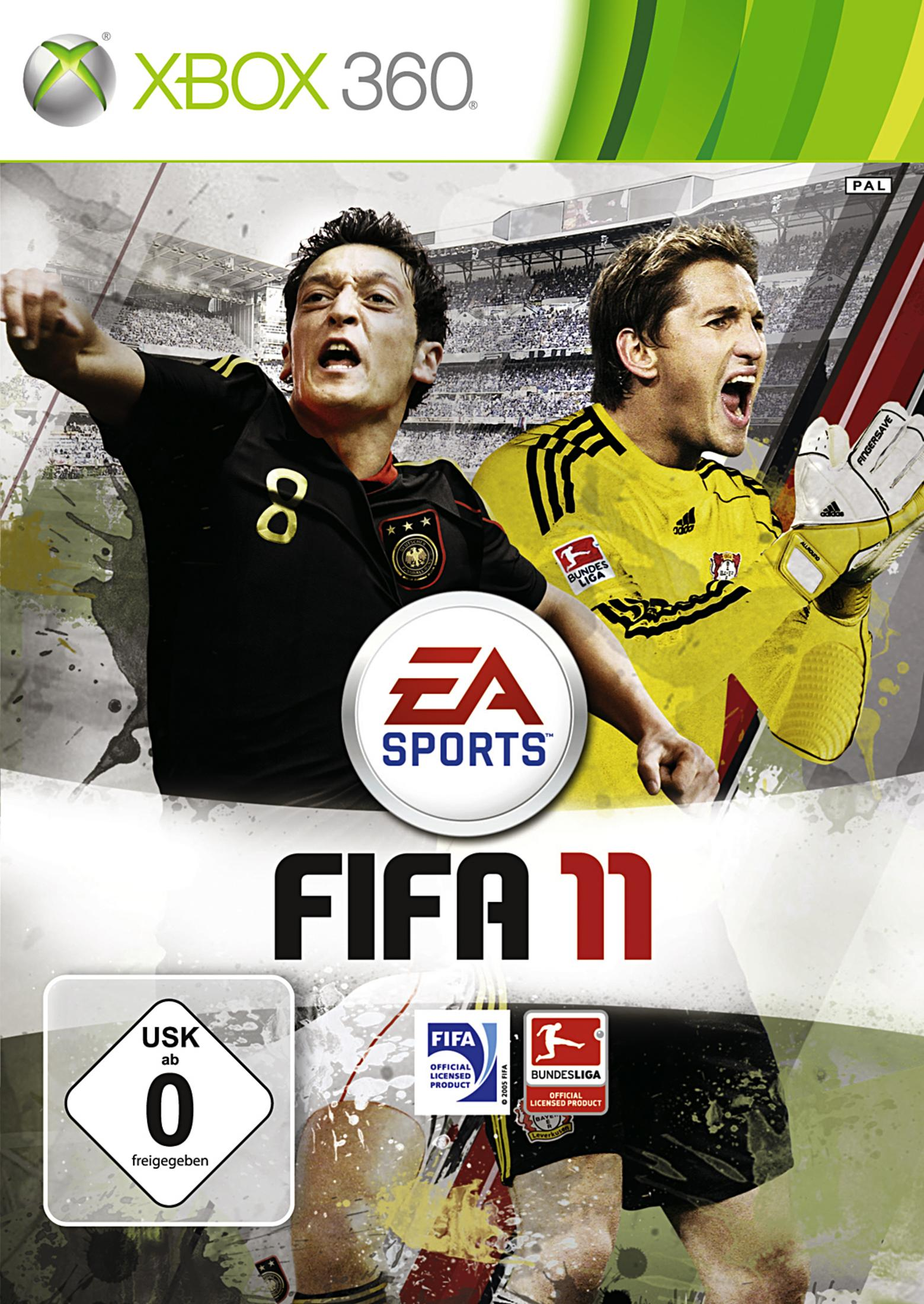 Copertina FIFA 11: Calciatori Özil e portiere in gioco davanti ai tifosi