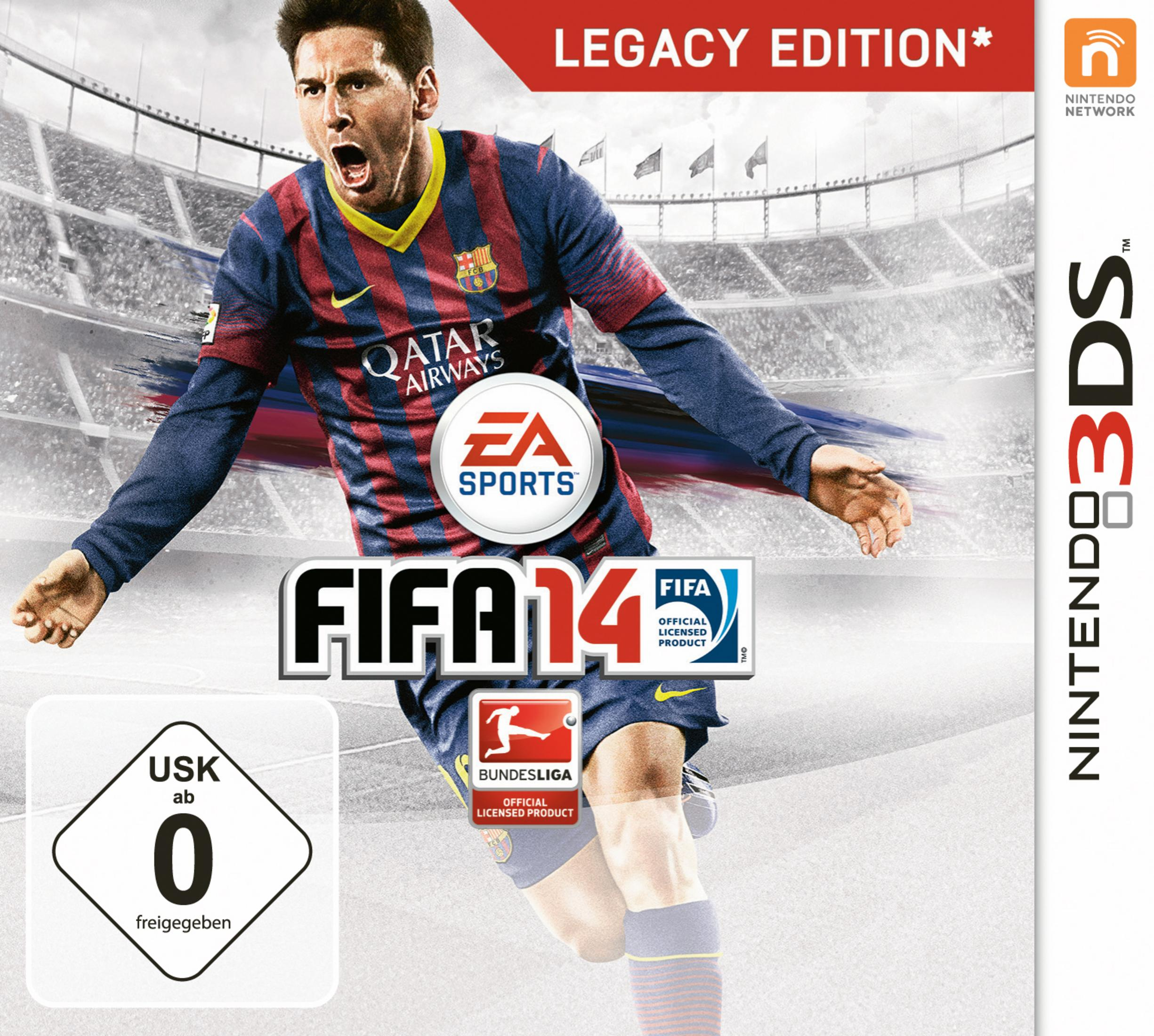 Lionel Messi del FC Barcellona sulla copertina di FIFA 14 Legacy Edition per 3DS.