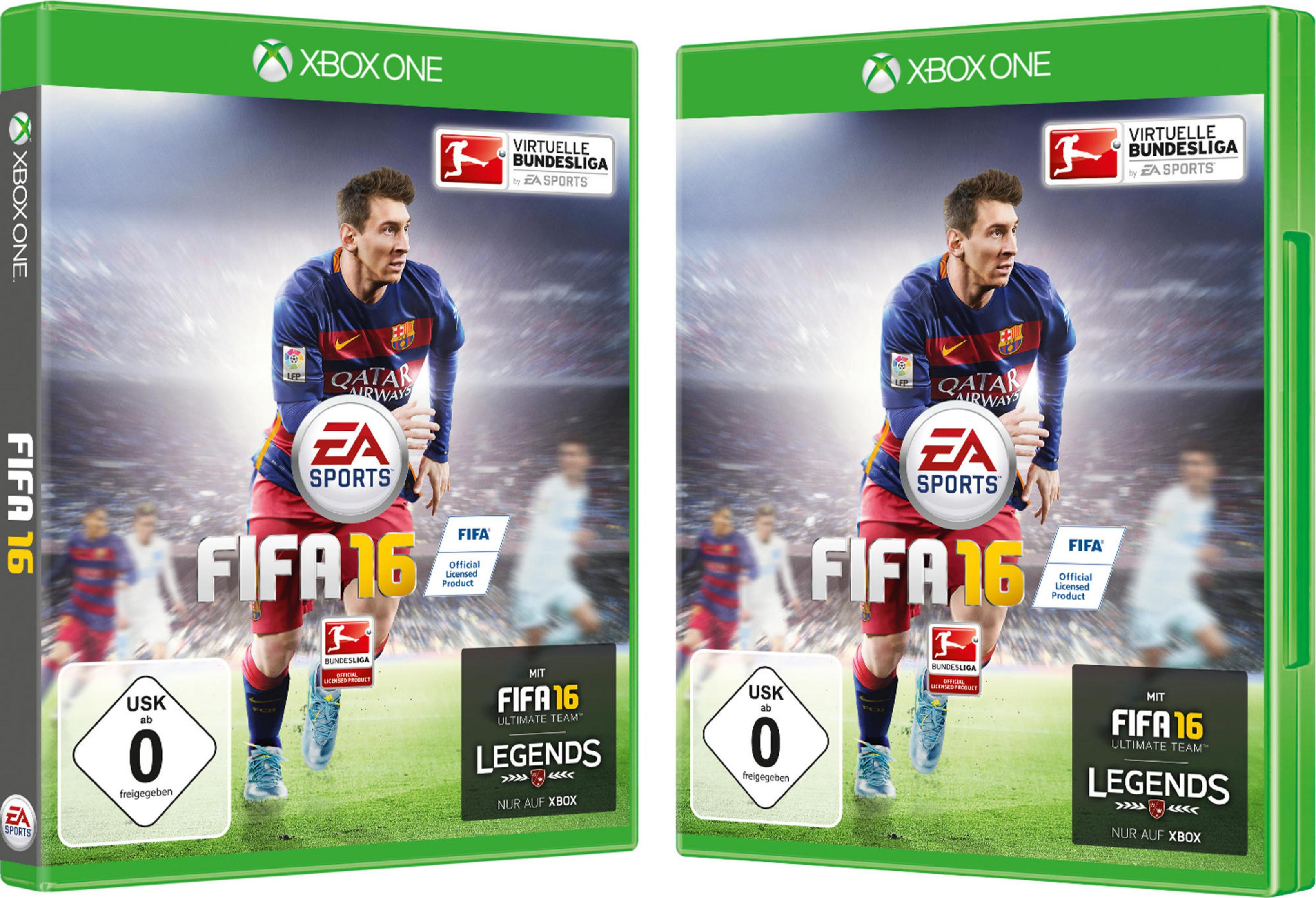 FIFA 16 Xbox One Hülle mit Lionel Messi, fussballspiel, grün und blau.