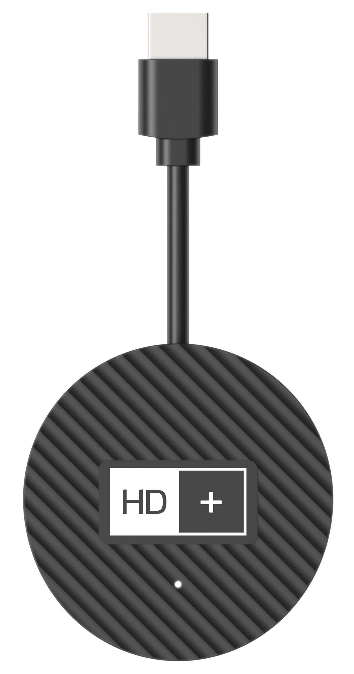 Ein schwarzer HDMI-Adapter mit HD+ Logo auf weißem Hintergrund.
