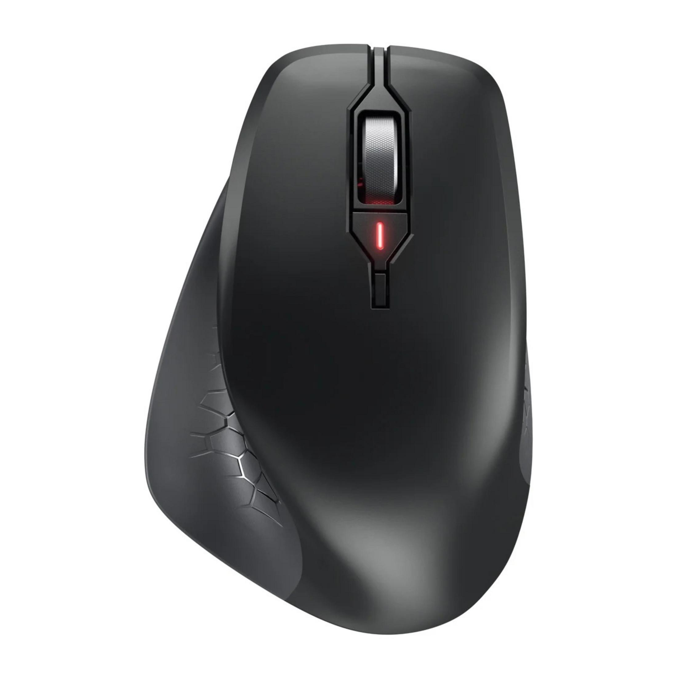 Mouse del computer nero con rotella di scorrimento e spia rossa.