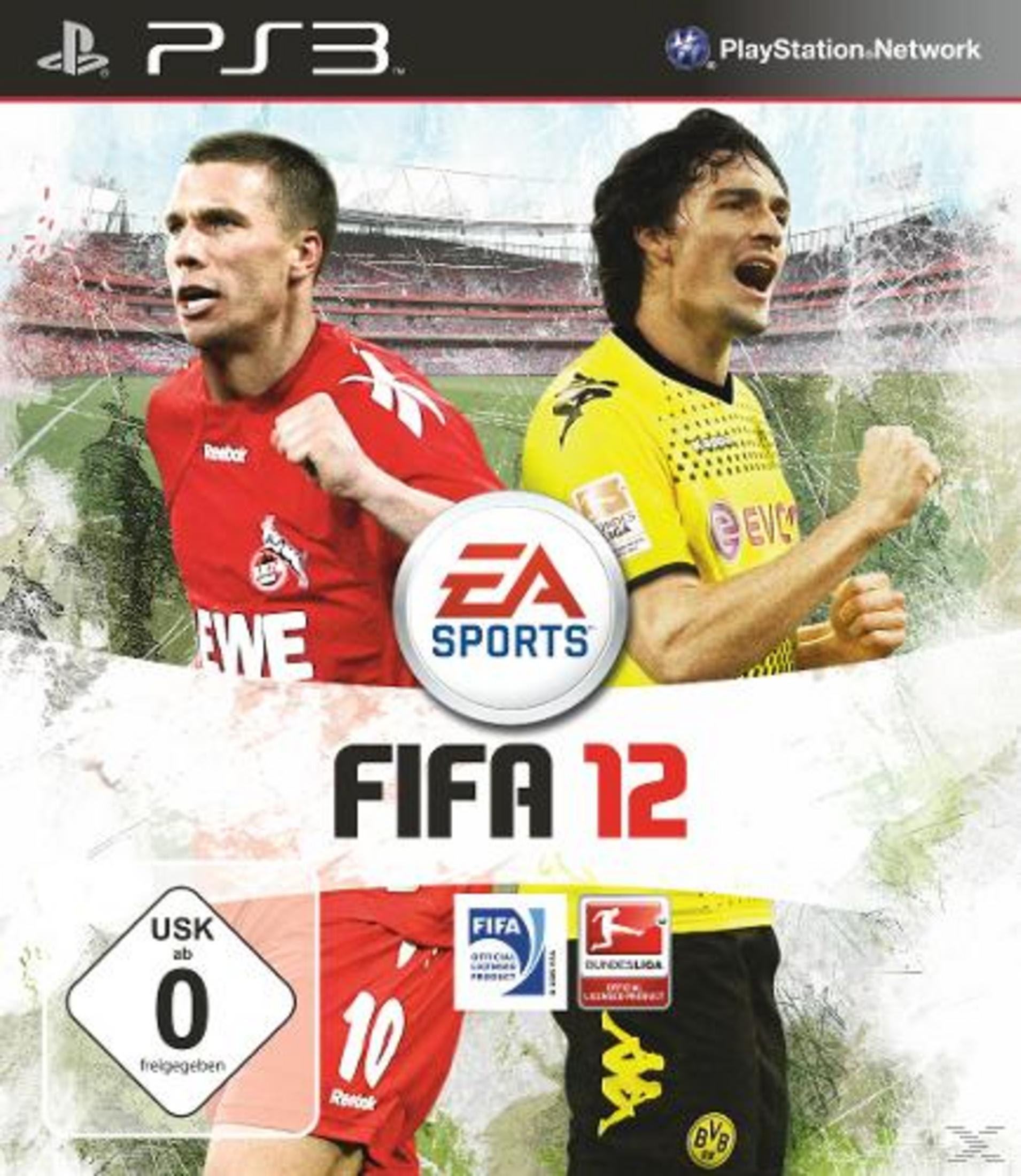 Copertina FIFA 12: Due calciatori, logo EA Sports, PS3 e USK 0.
