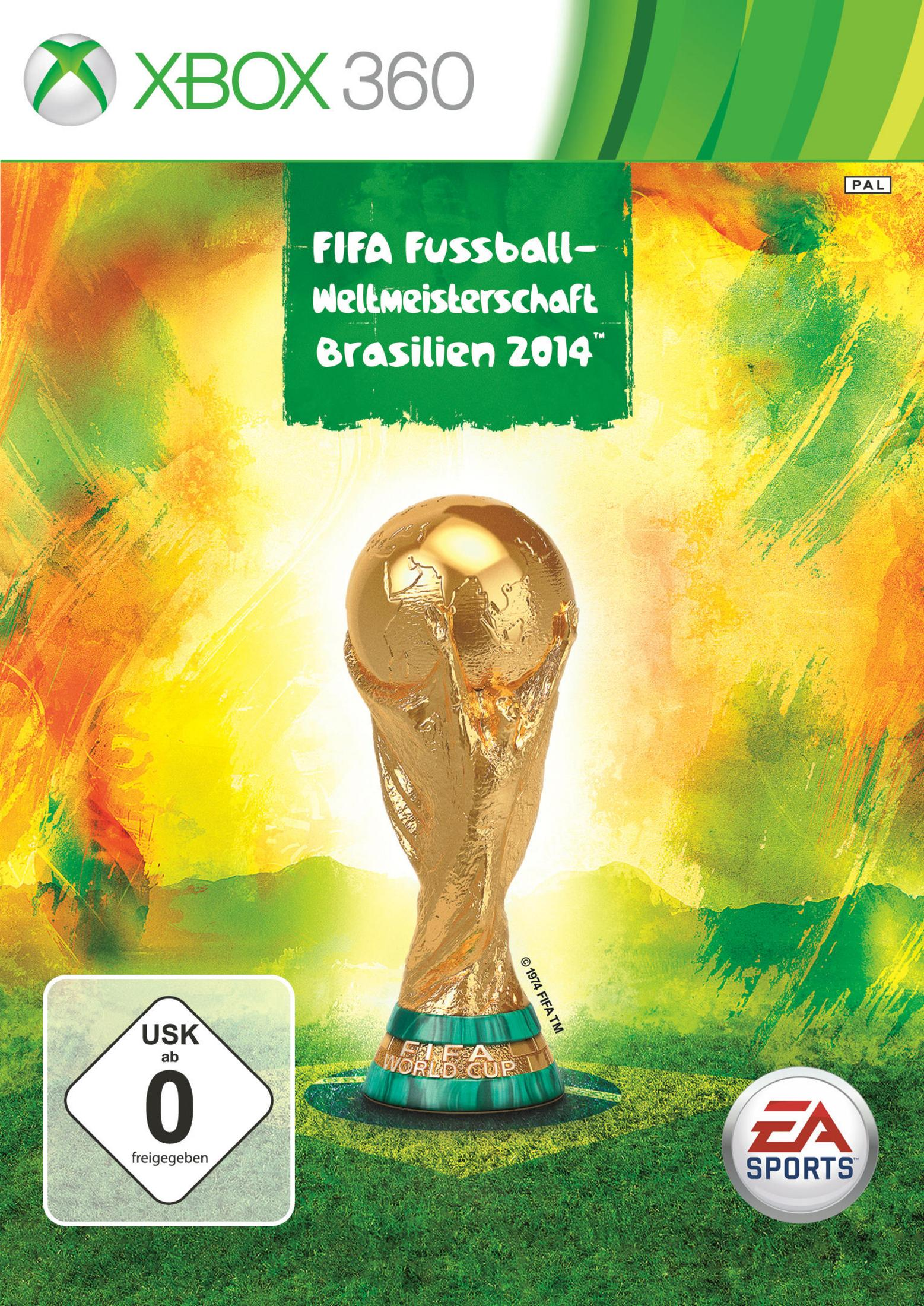 Xbox 360 Spielcover: FIFA WM Brasilien 2014 mit Pokal und USK-Siegel.