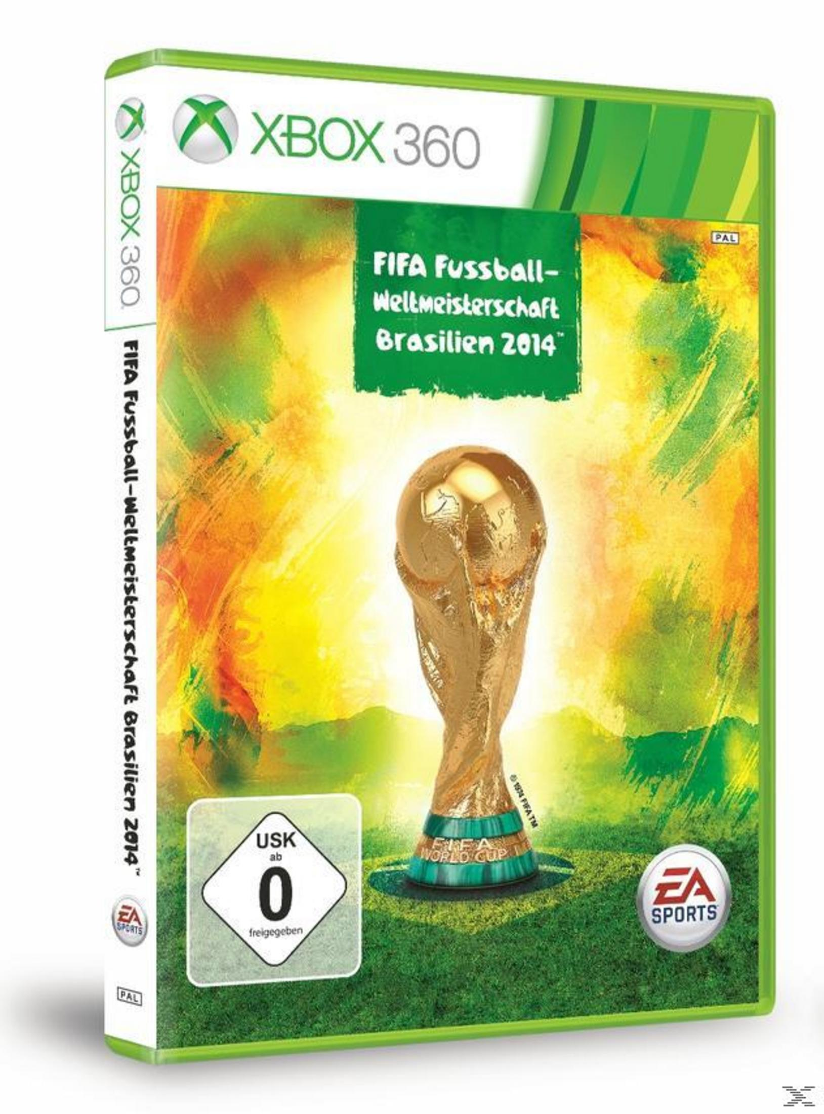 Xbox 360 Spielhülle mit WM-Pokal, "FIFA WM Brasilien 2014" Schriftzug.