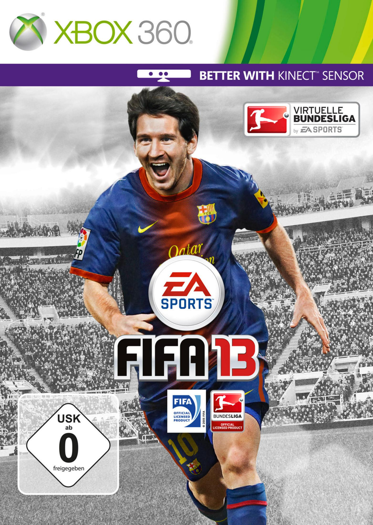 Lionel Messi auf dem Cover von FIFA 13 für Xbox 360, mit Bundesliga-Logo.