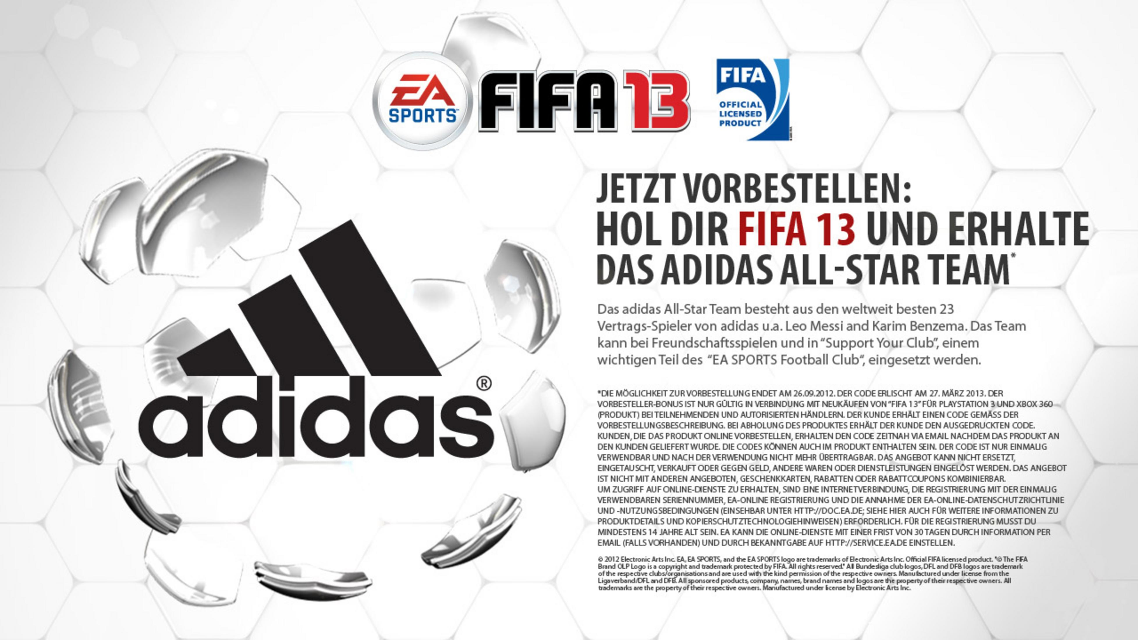 FIFA 13 Logo, Adidas Logo und Text mit Angebot zur Vorbestellung.