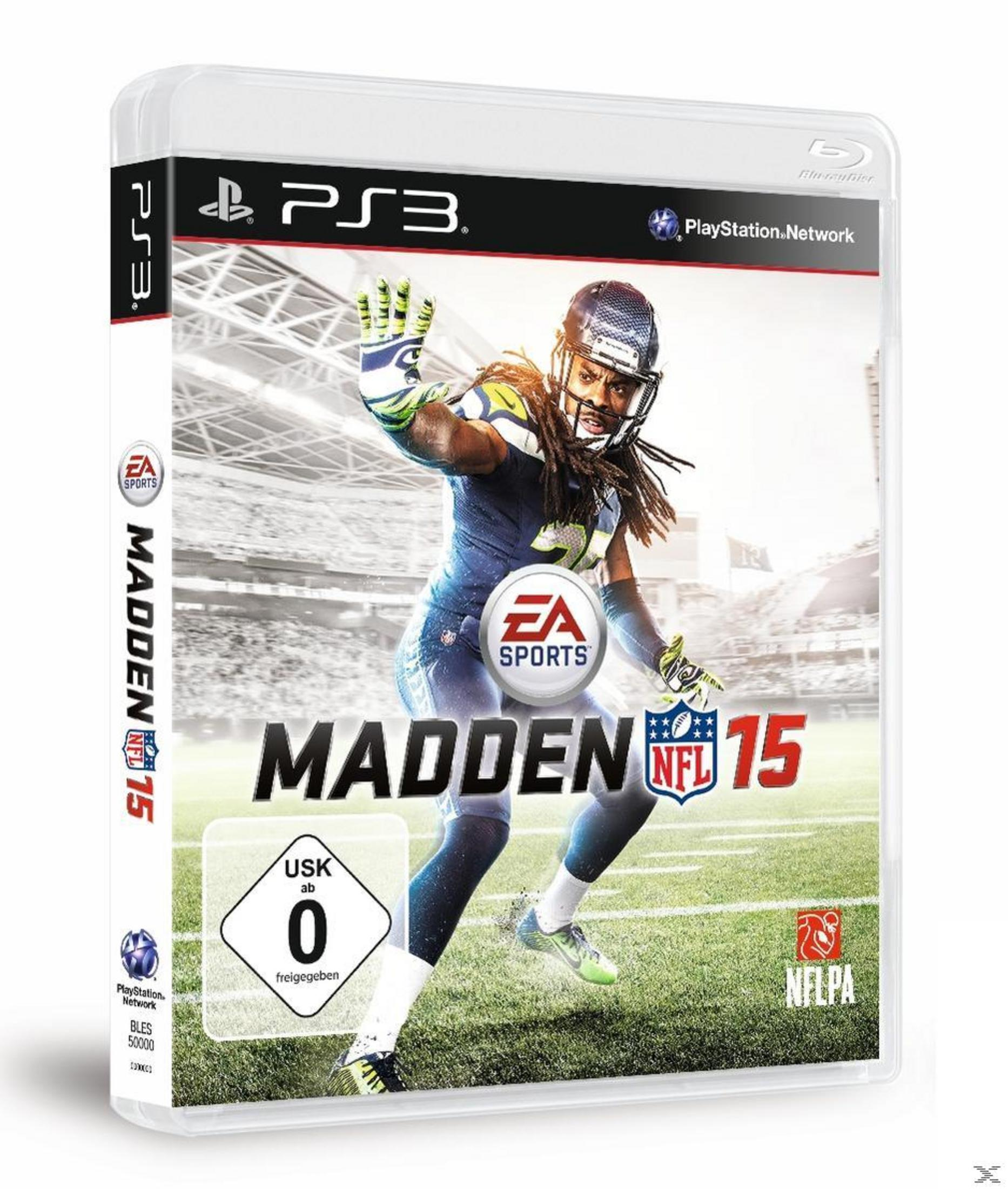 Madden NFL 15 PS3-Spielhülle mit Spieler auf dem Feld.