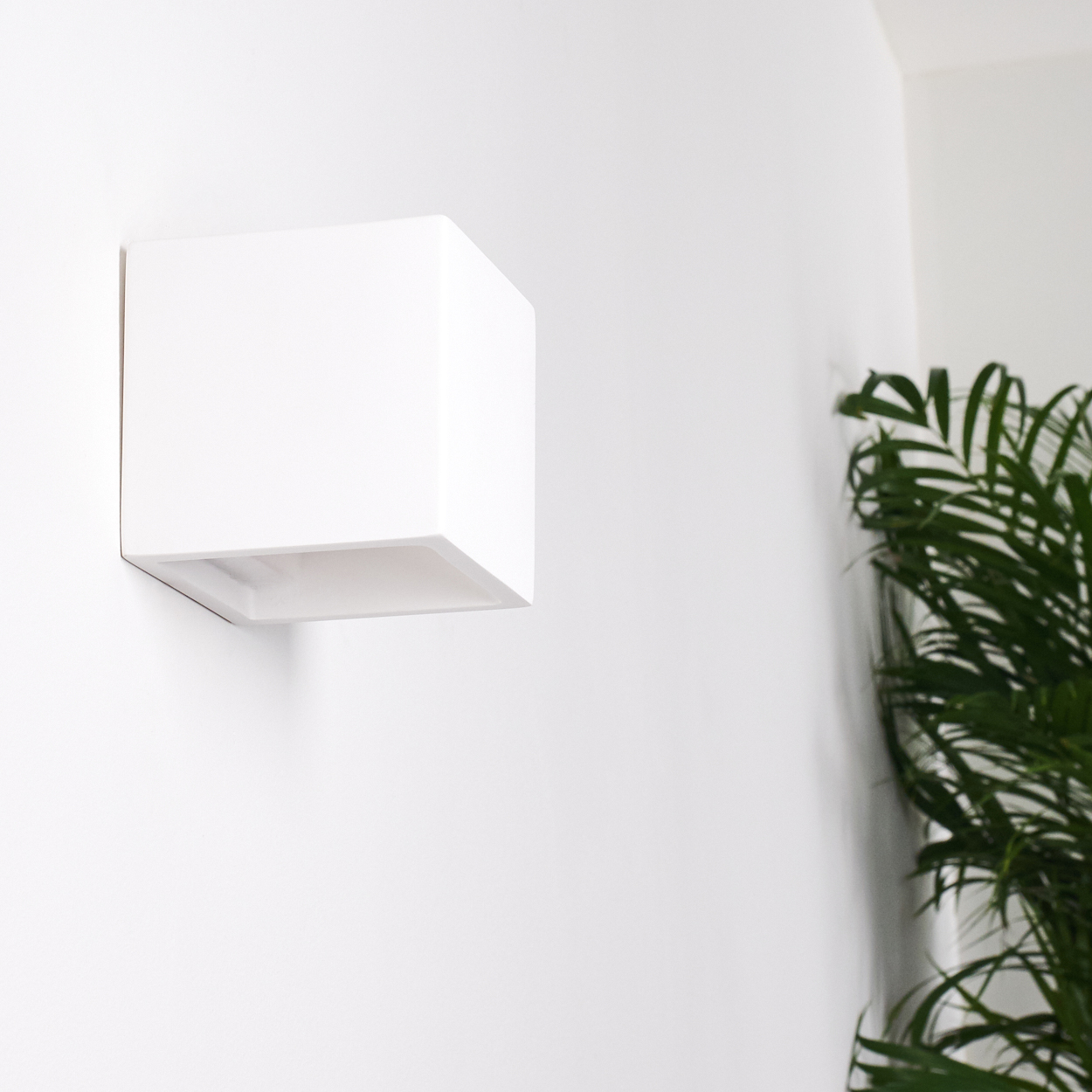 Eine weiße geometrische Wandleuchte ist an einer weißen Wand neben einer grünen Pflanze angebracht.