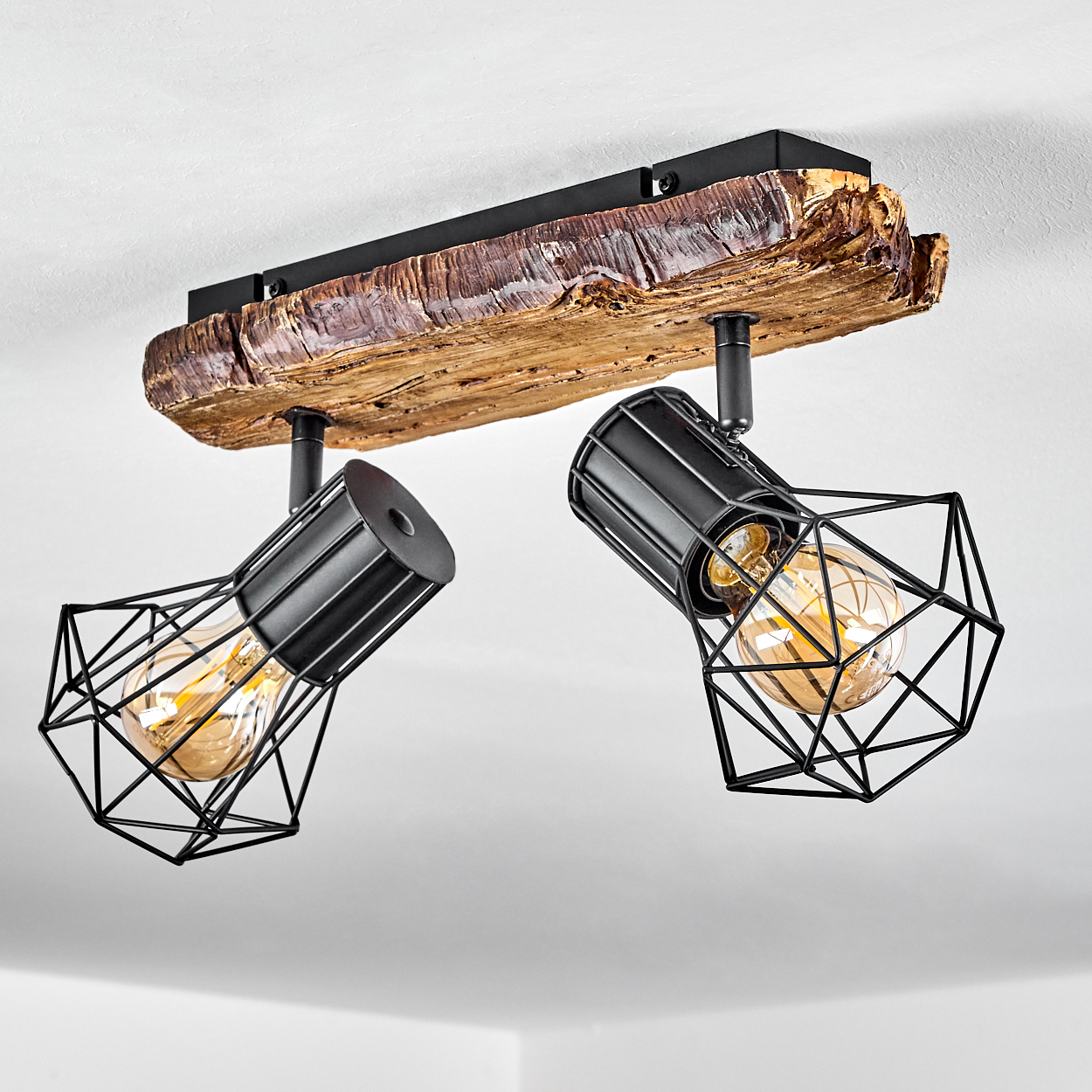 Deckenleuchte mit Holz und zwei schwarzen Metallkäfig-Spots.