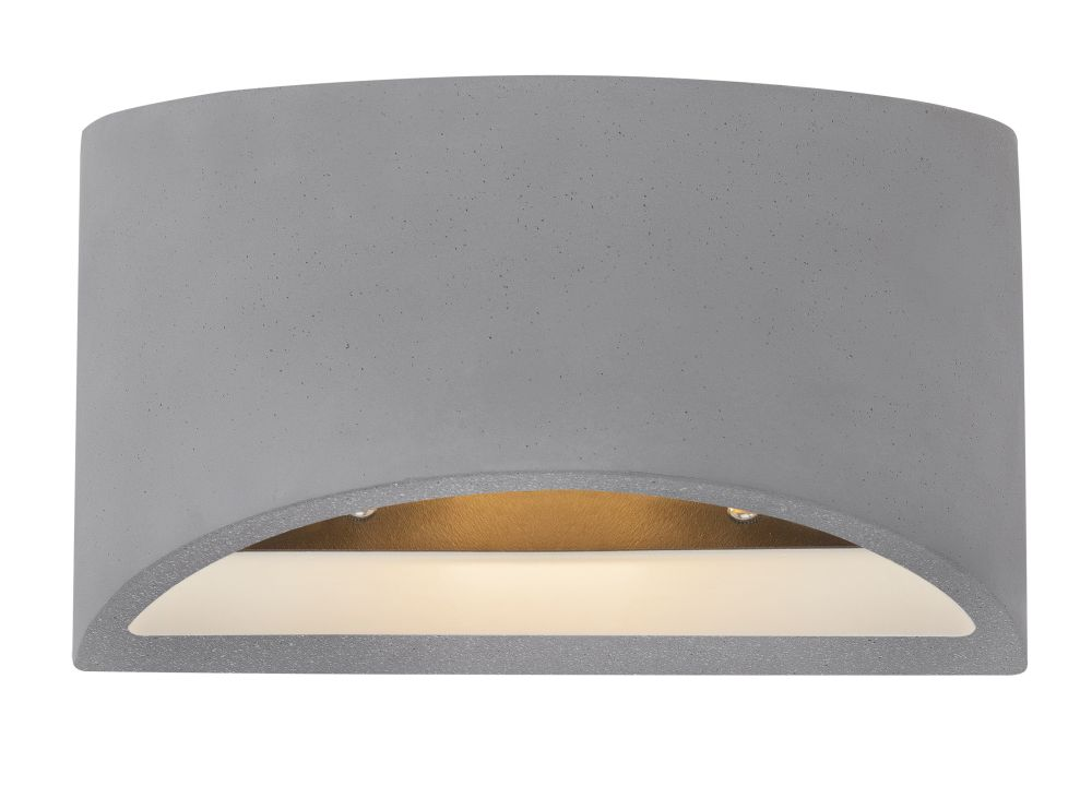 Graue Wandleuchte mit modernem Design, die nach unten leuchtet.