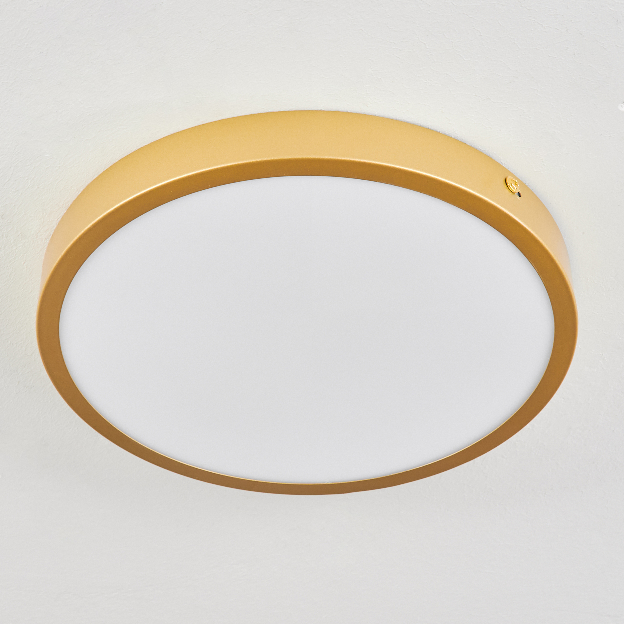 Eine runde goldene Deckenleuchte mit weißem Diffusor, an einer weißen Decke montiert.
