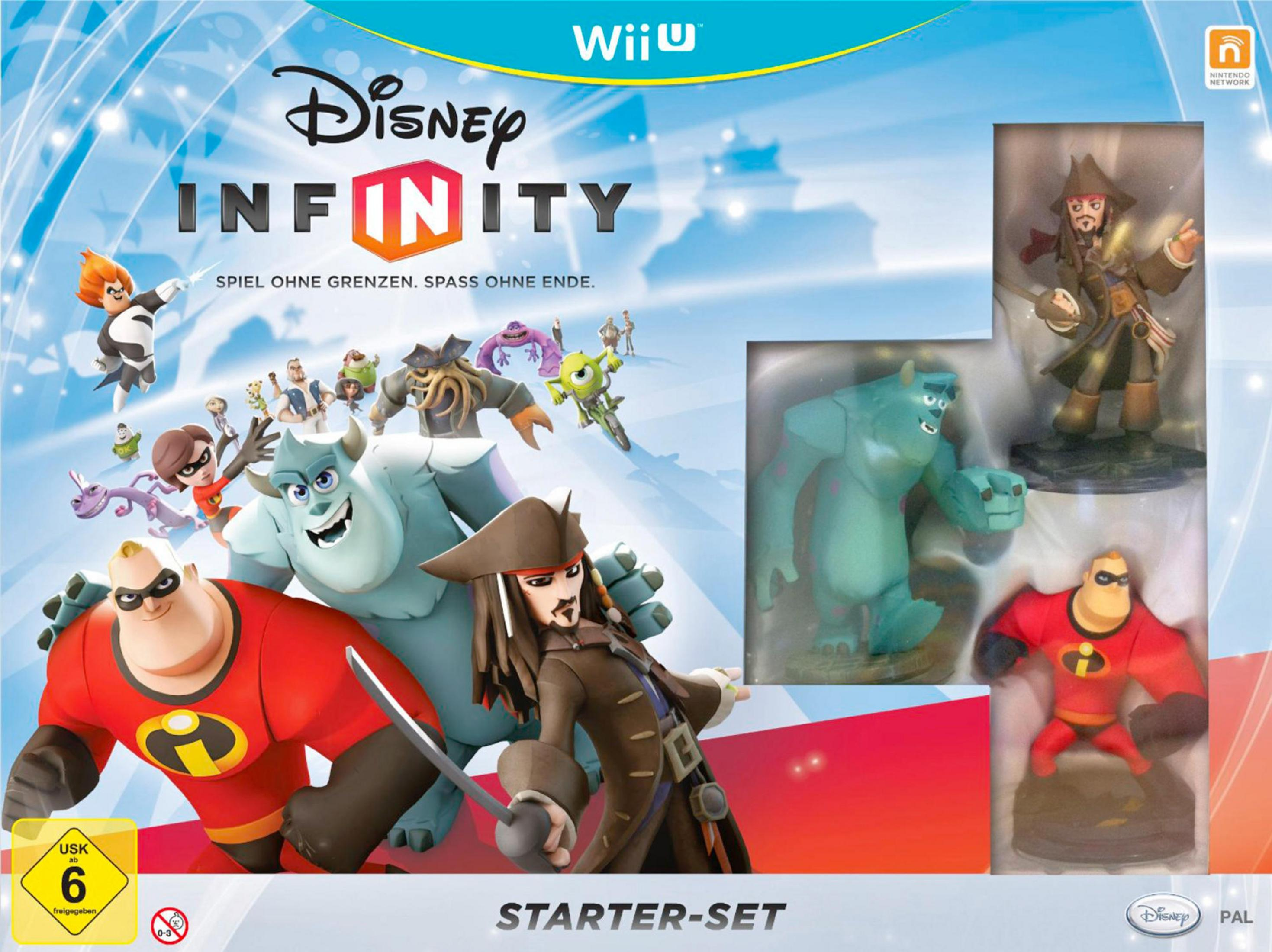 Disney Infinity Wii U Starter Set mit Figuren wie Mr. Incredible, Sulley und Jack Sparrow.