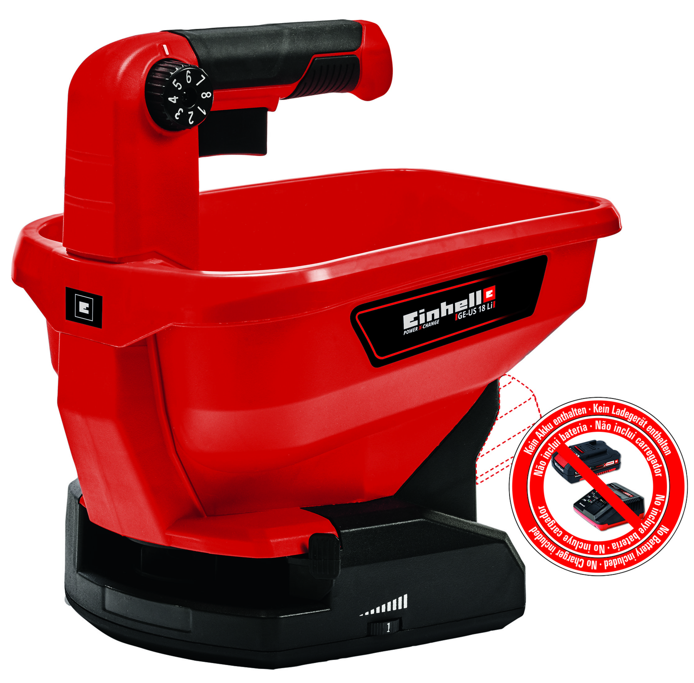 Roter Streuer mit schwarzem Griff, Einstellknopf und Basis. Kein Akku/Ladegerät.