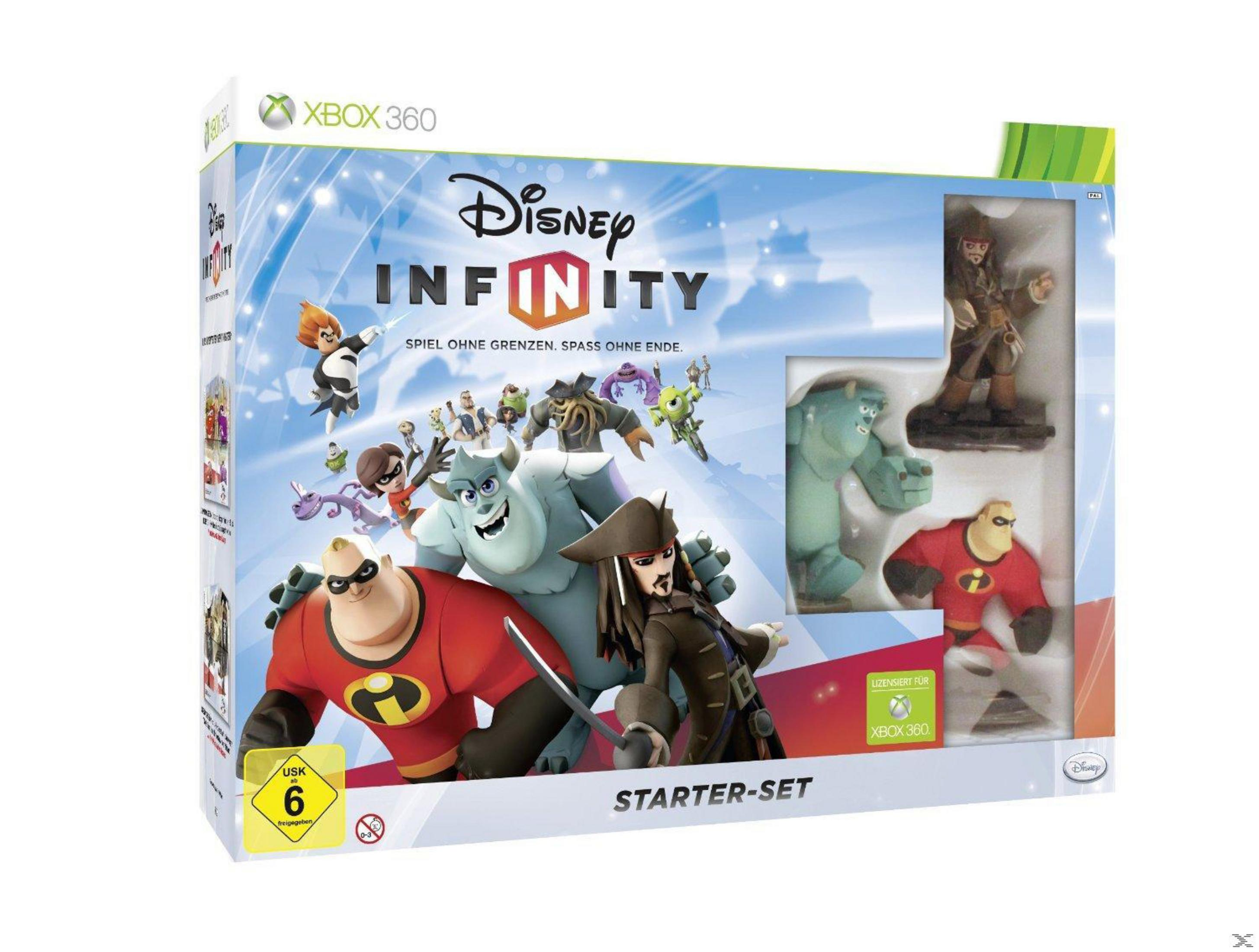 Disney Infinity Starter-Set für Xbox 360 mit Figuren von Mr. Incredible, Jack Sparrow und Sully.