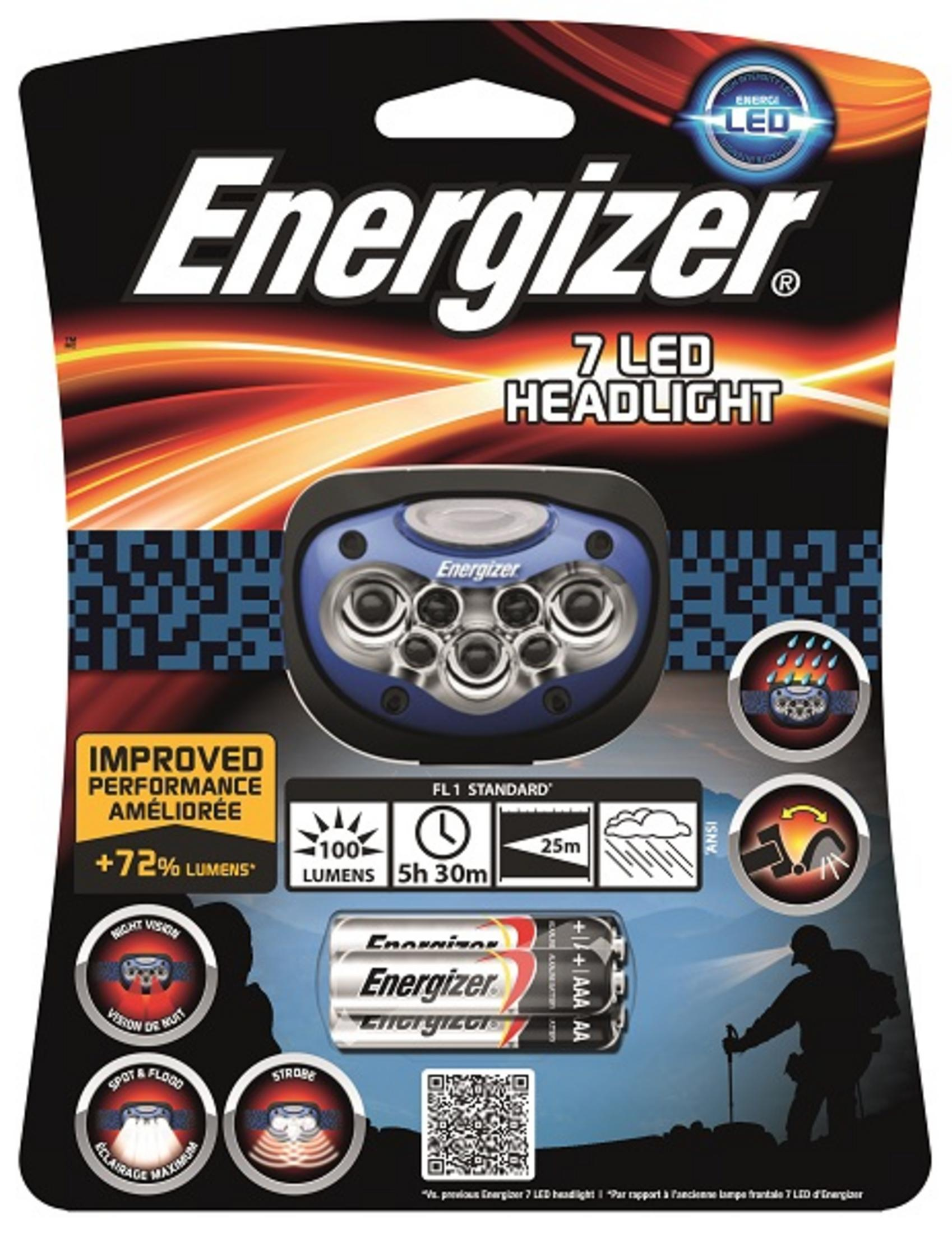 Energizer 7 LED Stirnlampe mit Batterien, im Paket mit Symbolen für Leistung und Einsatz.