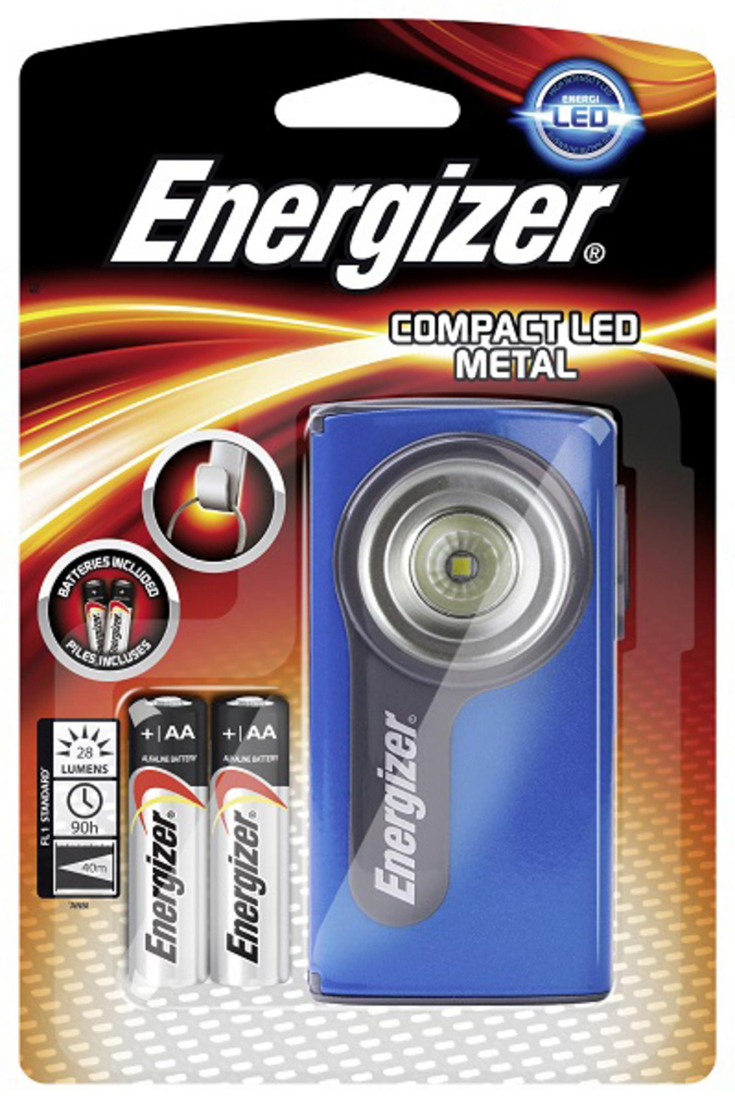Kompaktowa latarka LED Energizer z dwoma bateriami AA i brelokiem.
