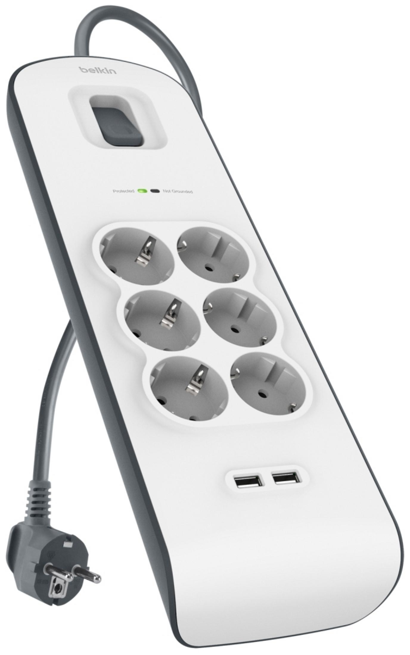Multipresa bianca con 6 prese, 2 porte USB e cavo grigio.