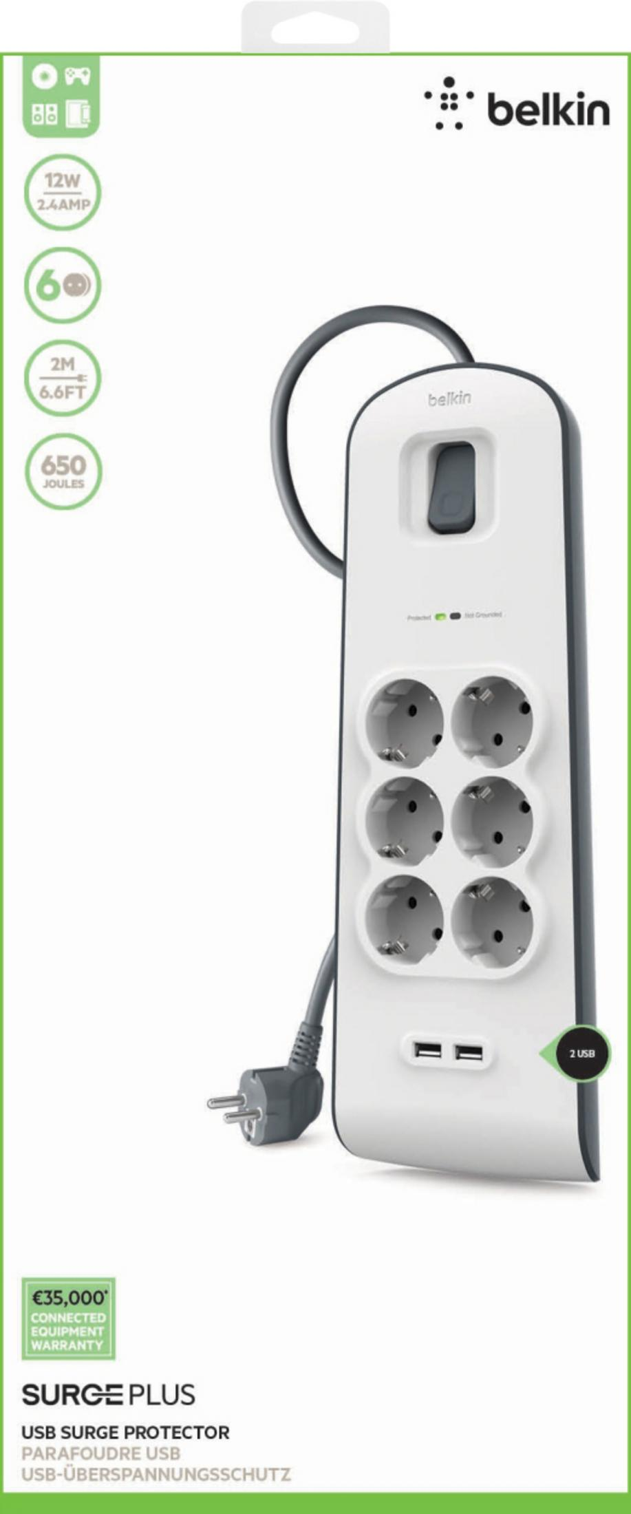 Un limitatore di sovratensioni Belkin bianco e grigio con 6 prese e 2 porte USB.